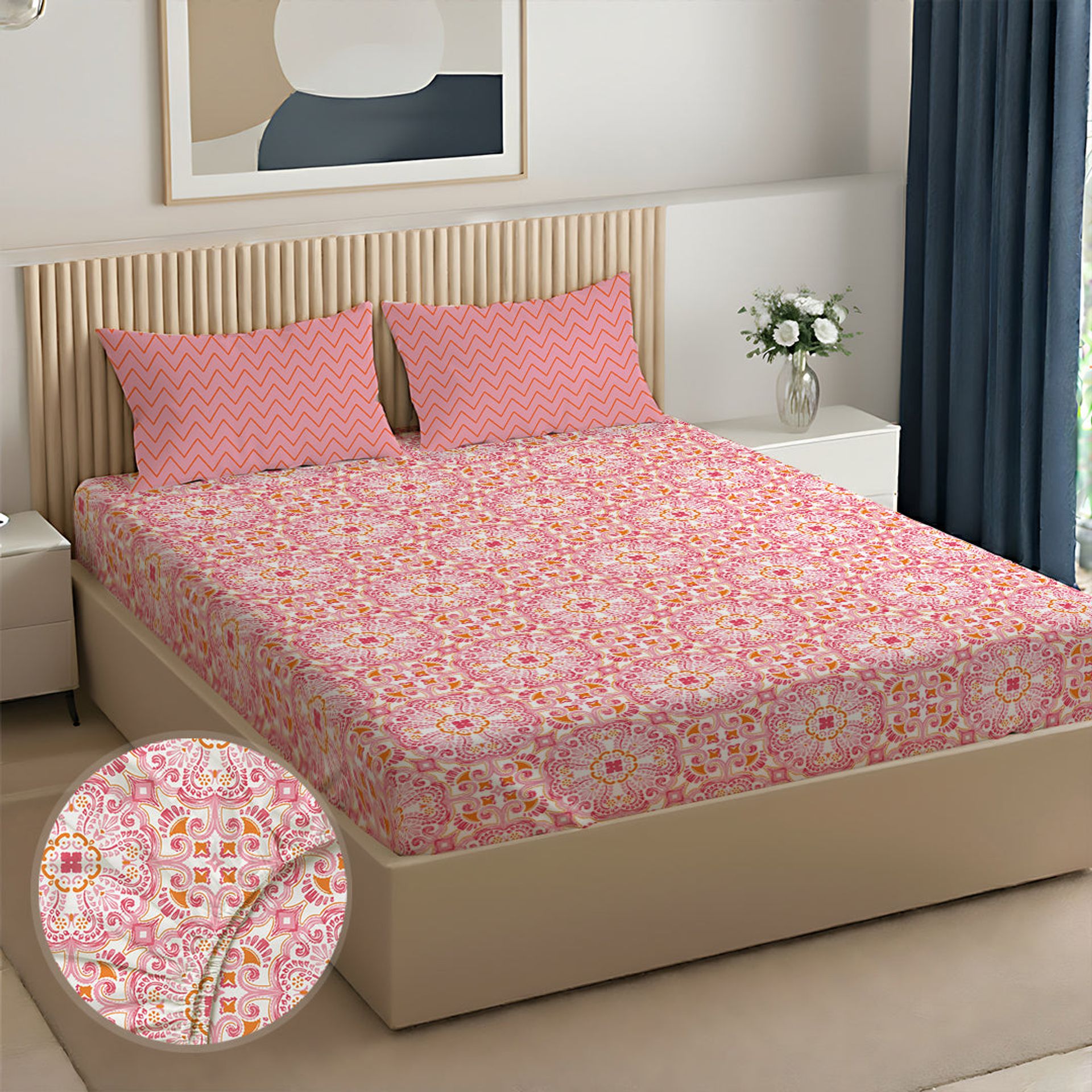 Ethnic 144 TC 100% Cotton Pink Queen Fitted Sheet Set | Pure Nest