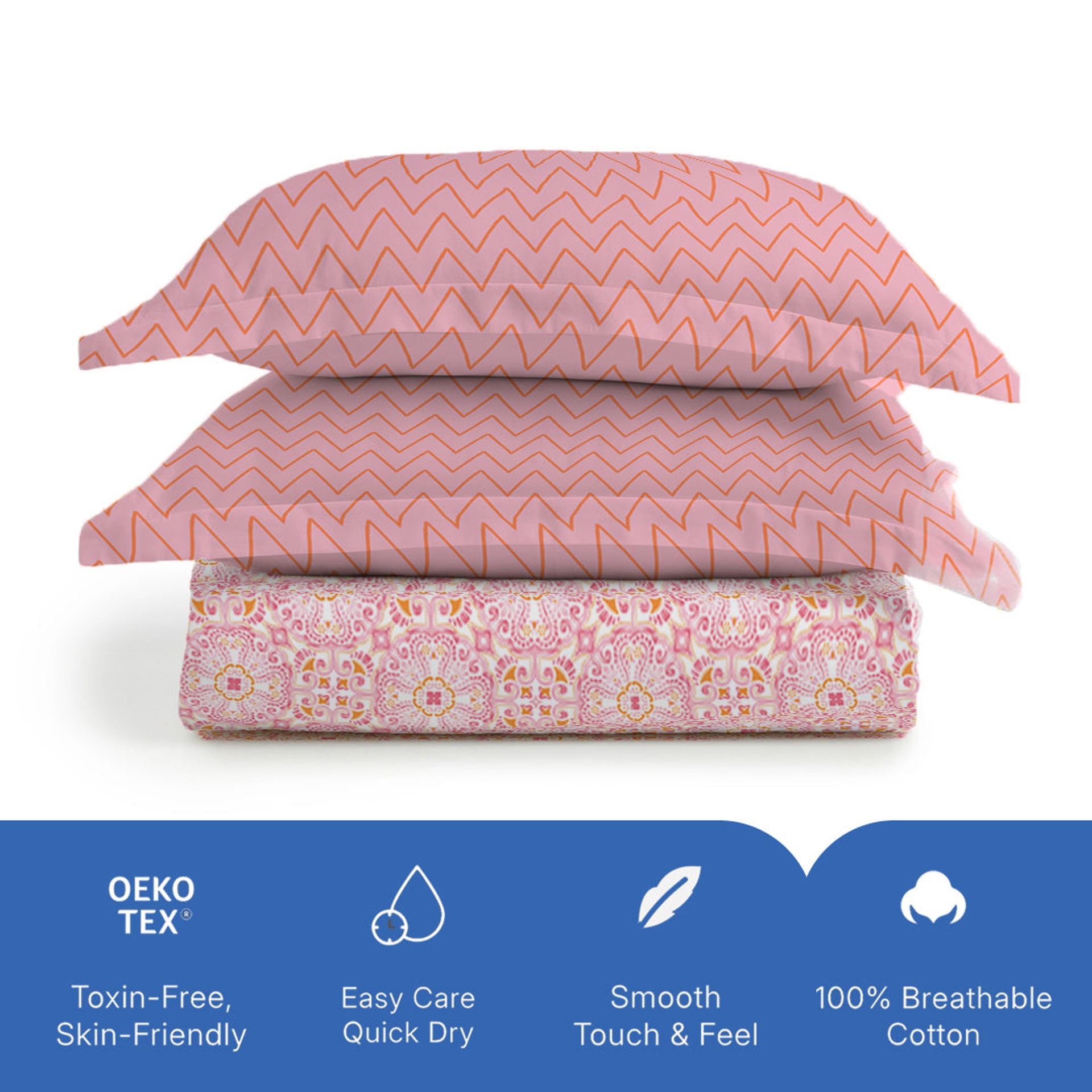 Ethnic 144 TC 100% Cotton Pink Queen Bedsheet Set | Pure Nest