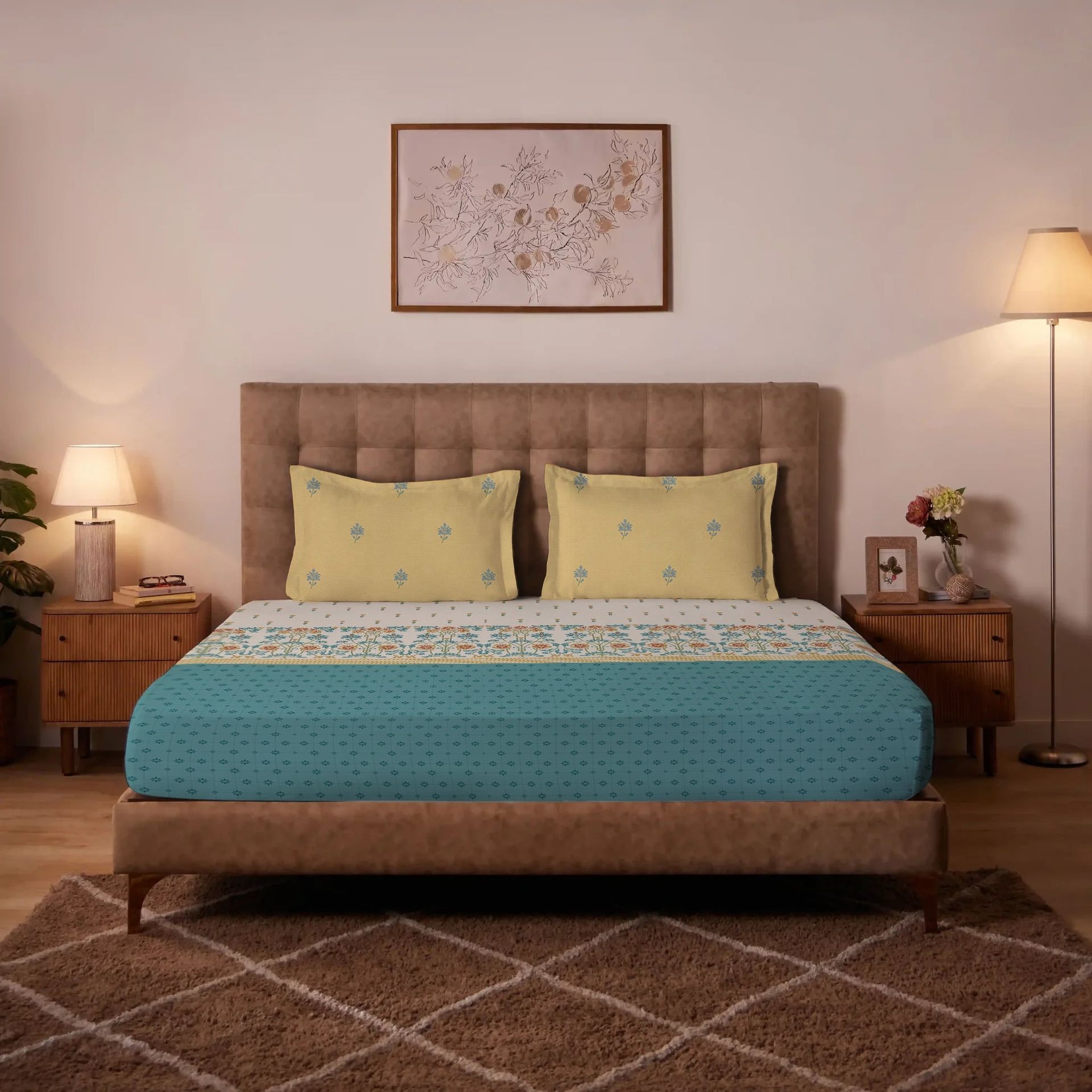 Indian Heritage 220 TC 100% Premium Cotton Midnight Teal Super King Bedsheet Set | Udyan Tales