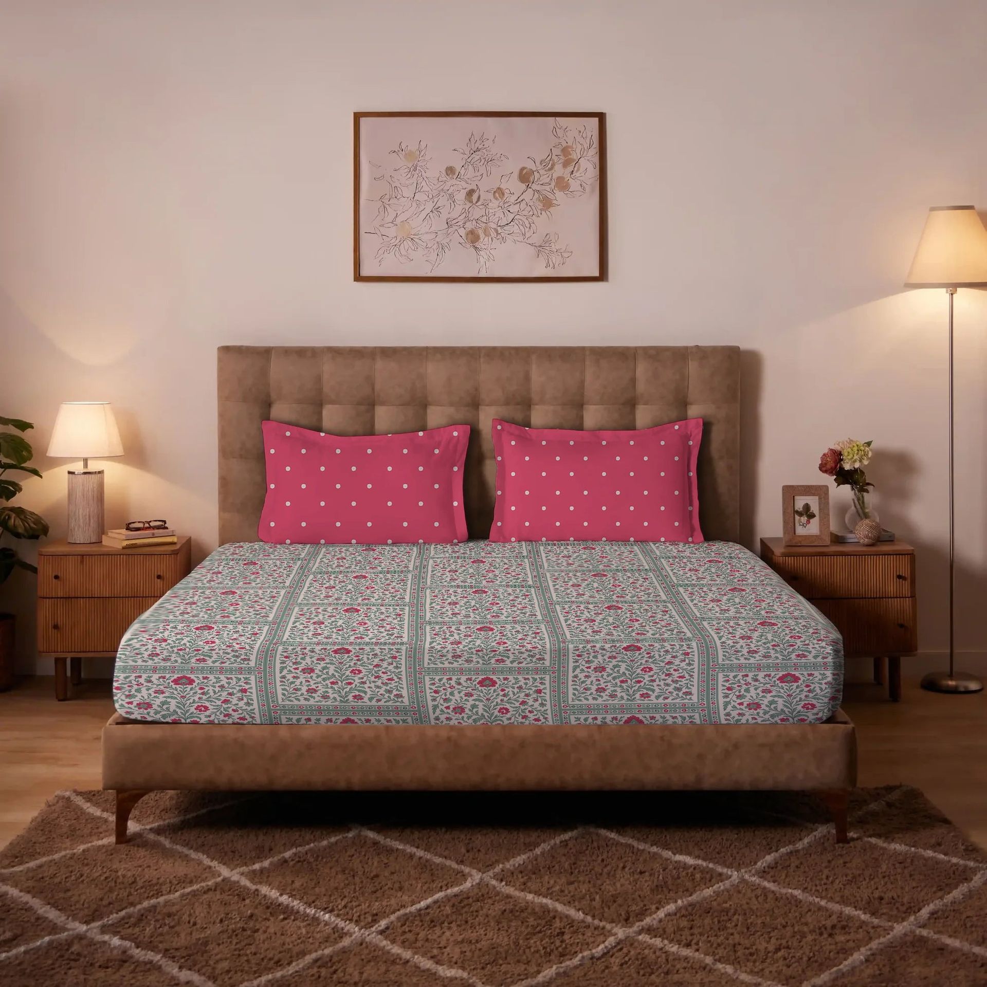 Indian Heritage 144 TC 100% Cotton Indian Pink Double Bedsheet Set | Aangan Weaves