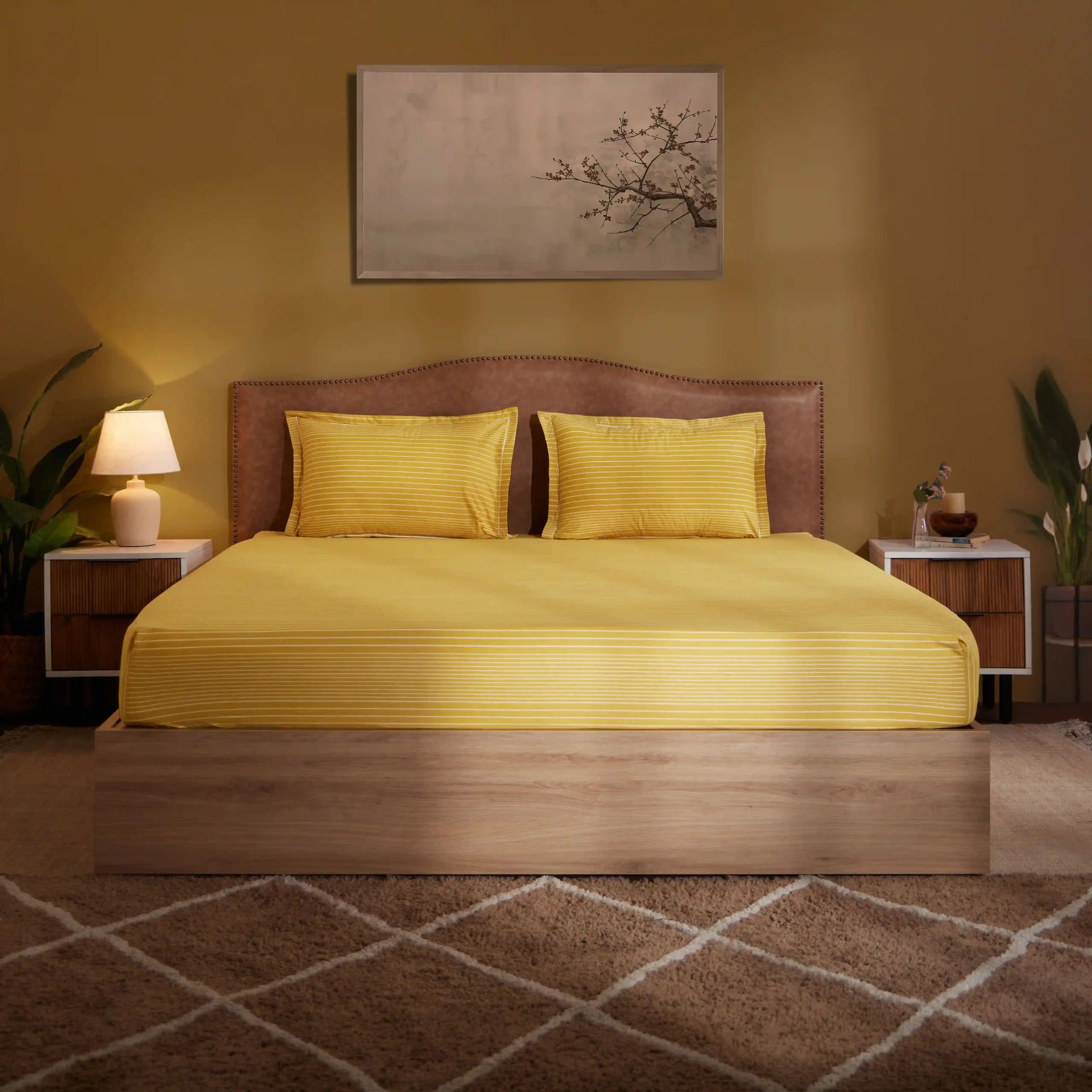 Geometric 200 TC Cotton Mustard King Fitted Sheet Set | Threadscapes