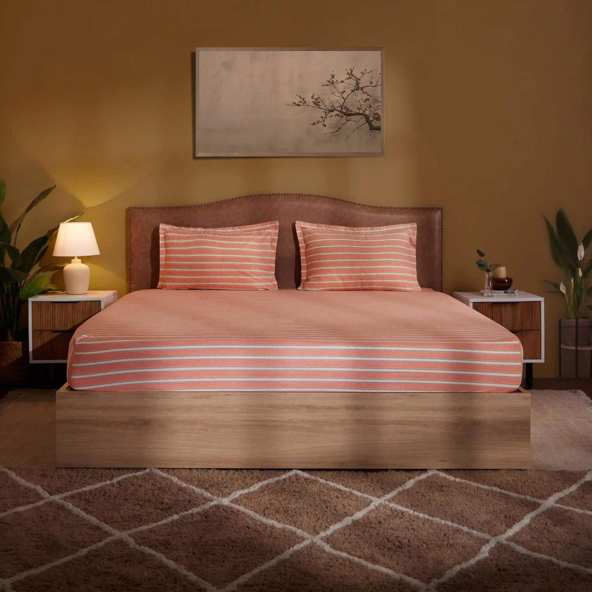 Geometric 200 TC Cotton Peach King Fitted Sheet Set | Threadscapes