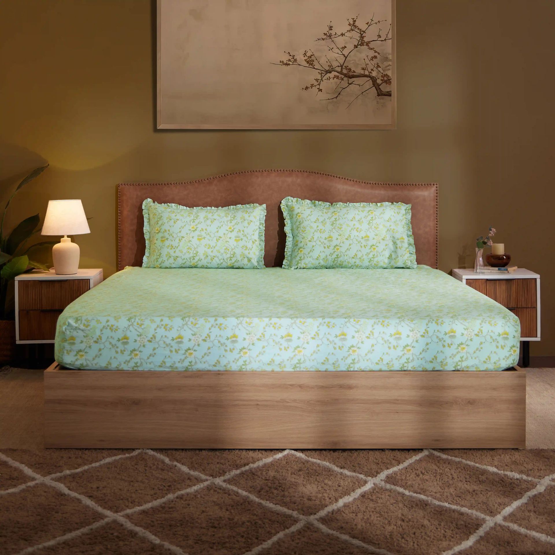Floral 200 TC 100% Cotton Light Blue King Fitted Sheet Set | Bloomshire Luxe