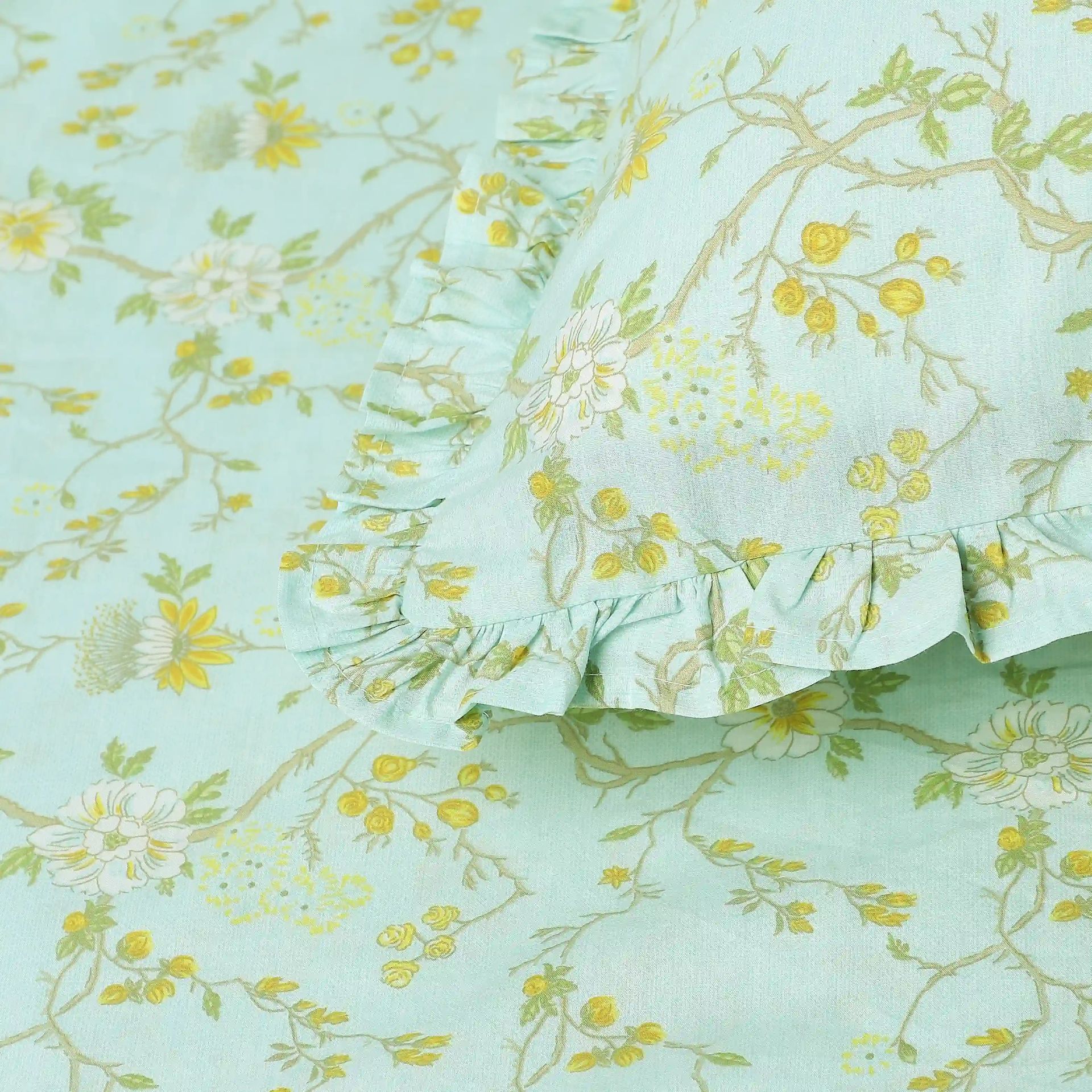 Floral 200 TC 100% Cotton Light Blue King Fitted Sheet Set | Bloomshire Luxe