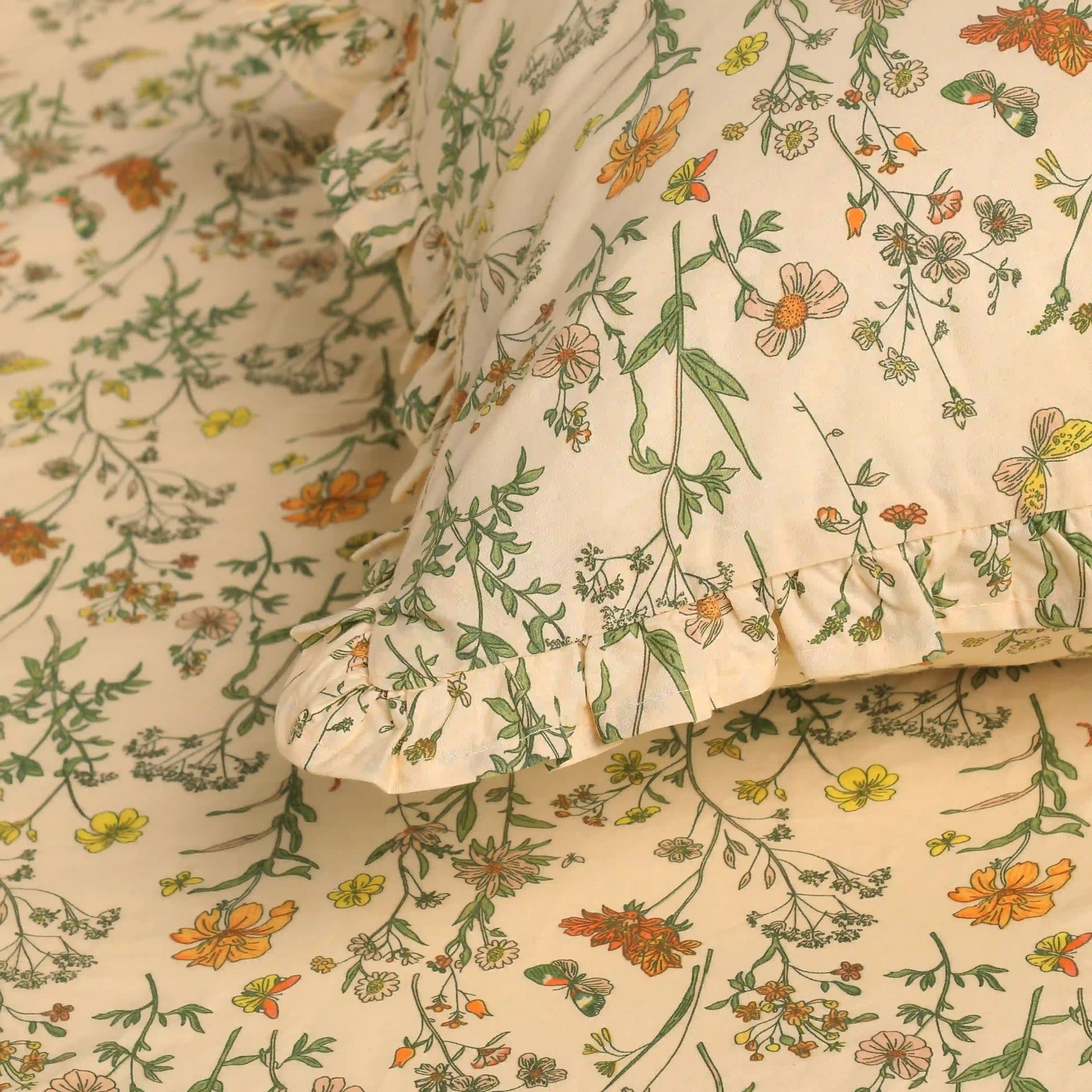 Floral 200 TC 100% Cotton Mustard King Fitted Sheet Set | Bloomshire Luxe