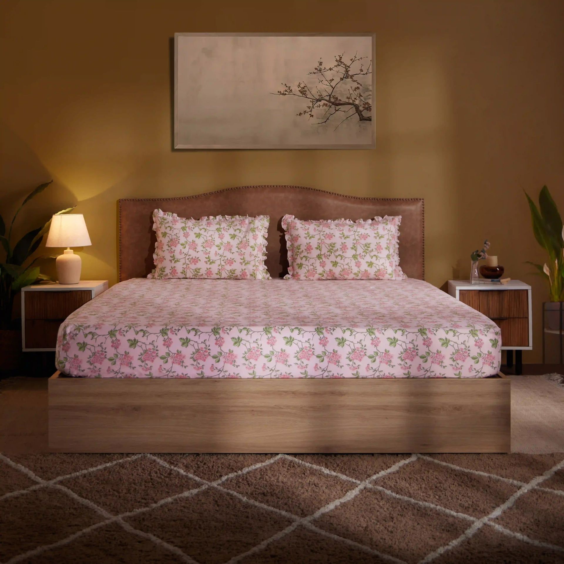 Floral 200 TC 100% Cotton Pink King Fitted Sheet Set | Bloomshire Luxe