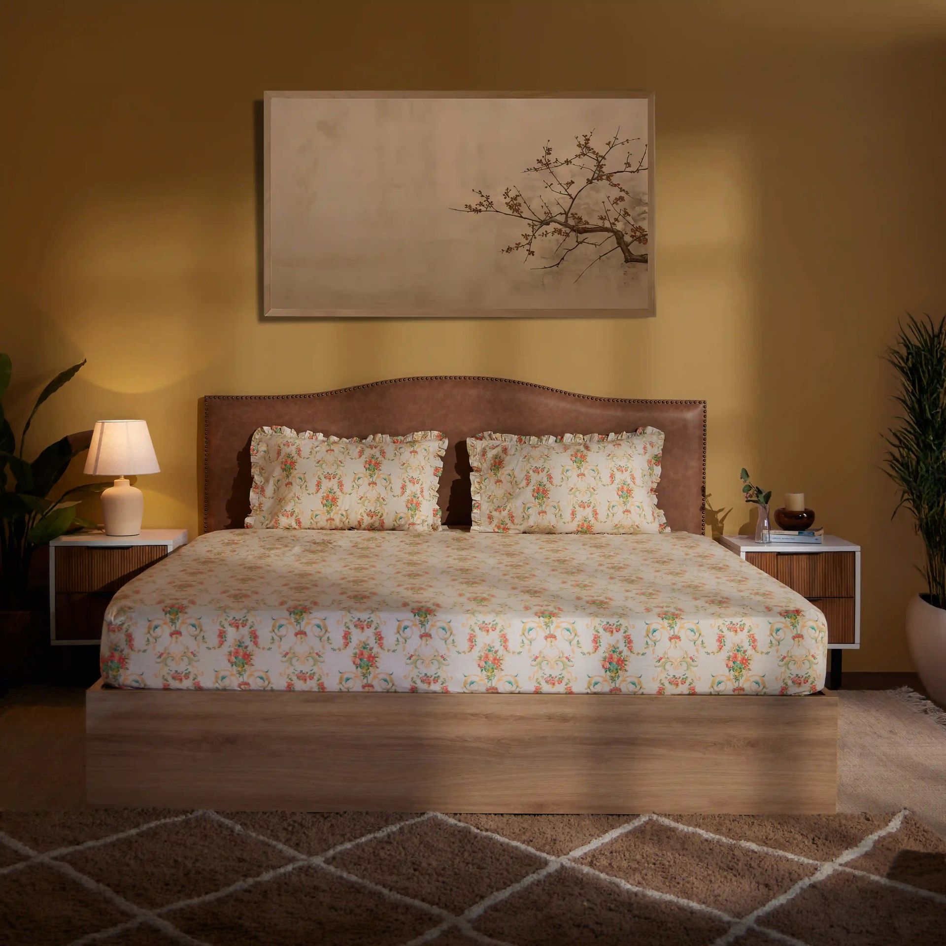 Floral 200 TC 100% Cotton Multicolour King Fitted Sheet Set | Bloomshire Luxe