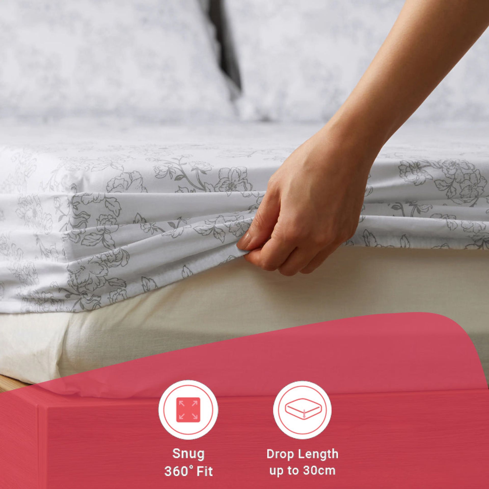 Floral 144 TC 100% Cotton Grey Queen Fitted Sheet Set | Bloomshire Classic