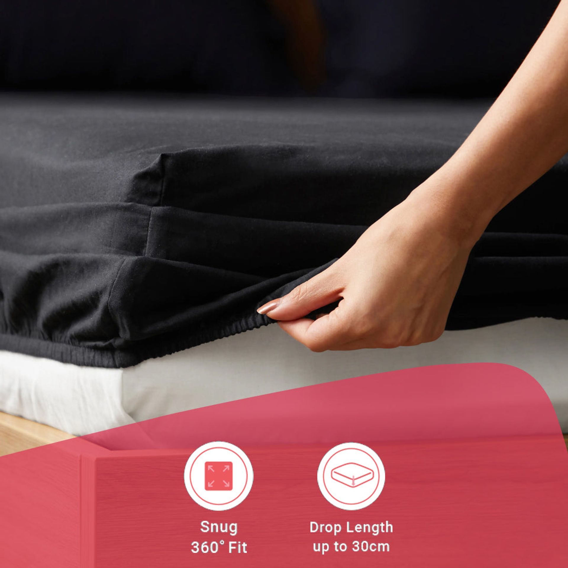 Solid Dyed 144 TC 100% Cotton Black Queen Fitted Sheet Set | Paleto