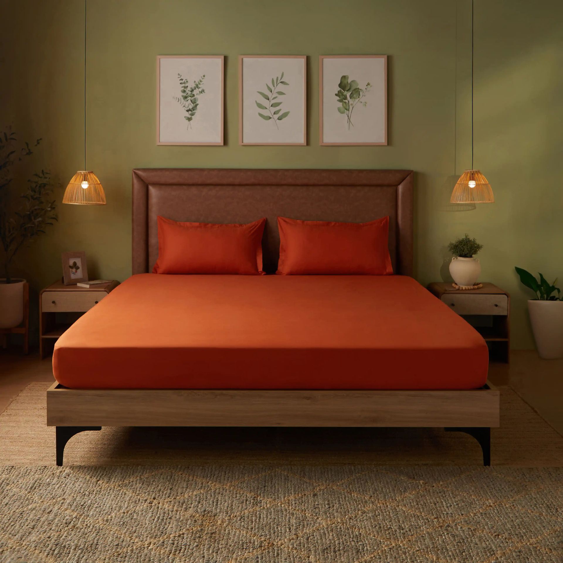 Solid Dyed 144 TC 100% Cotton Rust Queen Fitted Sheet Set | Paleto