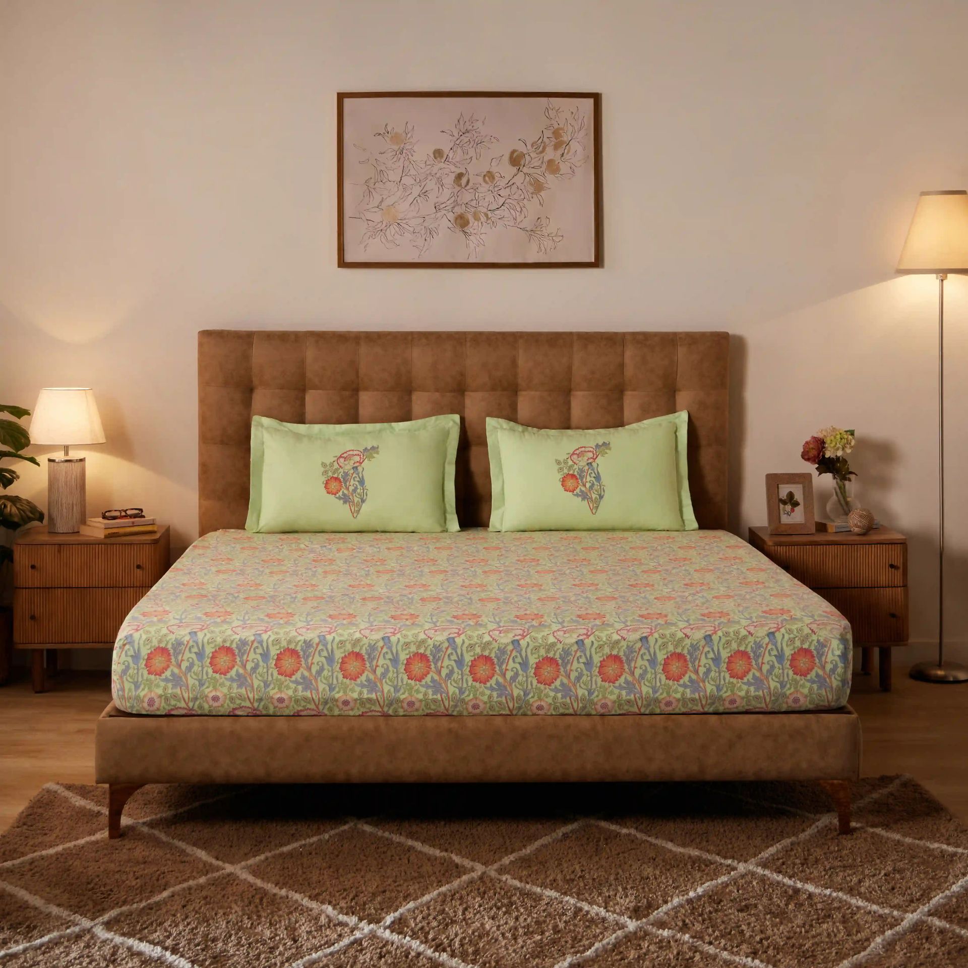 Indian Heritage 144 TC 100% Cotton Green Queen Fitted Sheet Set | Chippa Lane