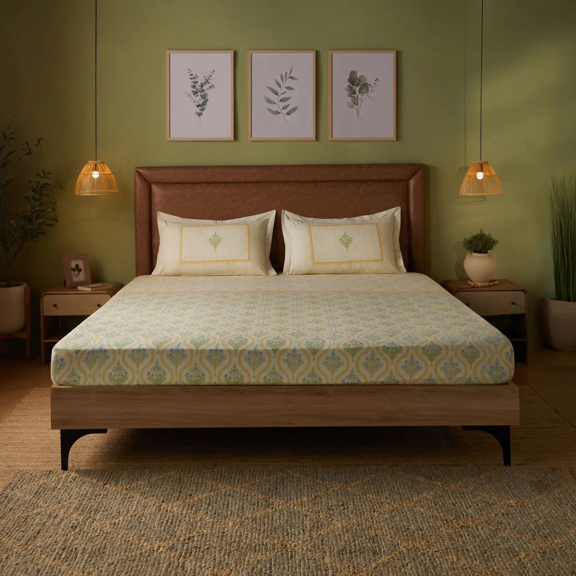 Indian Heritage 144 TC 100% Cotton Mustard Queen Fitted Sheet Set | Chippa Lane