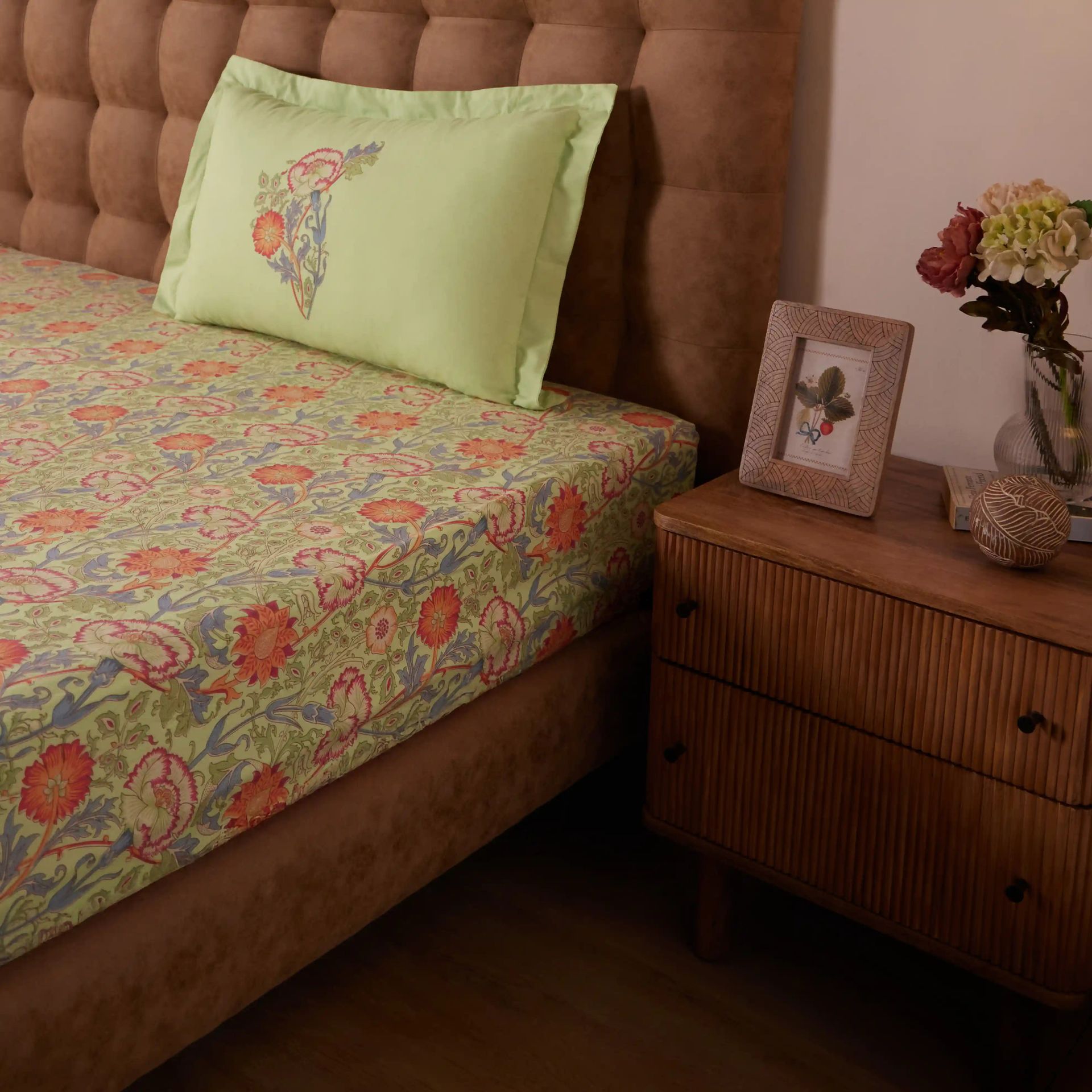 Indian Heritage 144 TC 100% Cotton Green Single Bedsheet Set | Chippa Lane