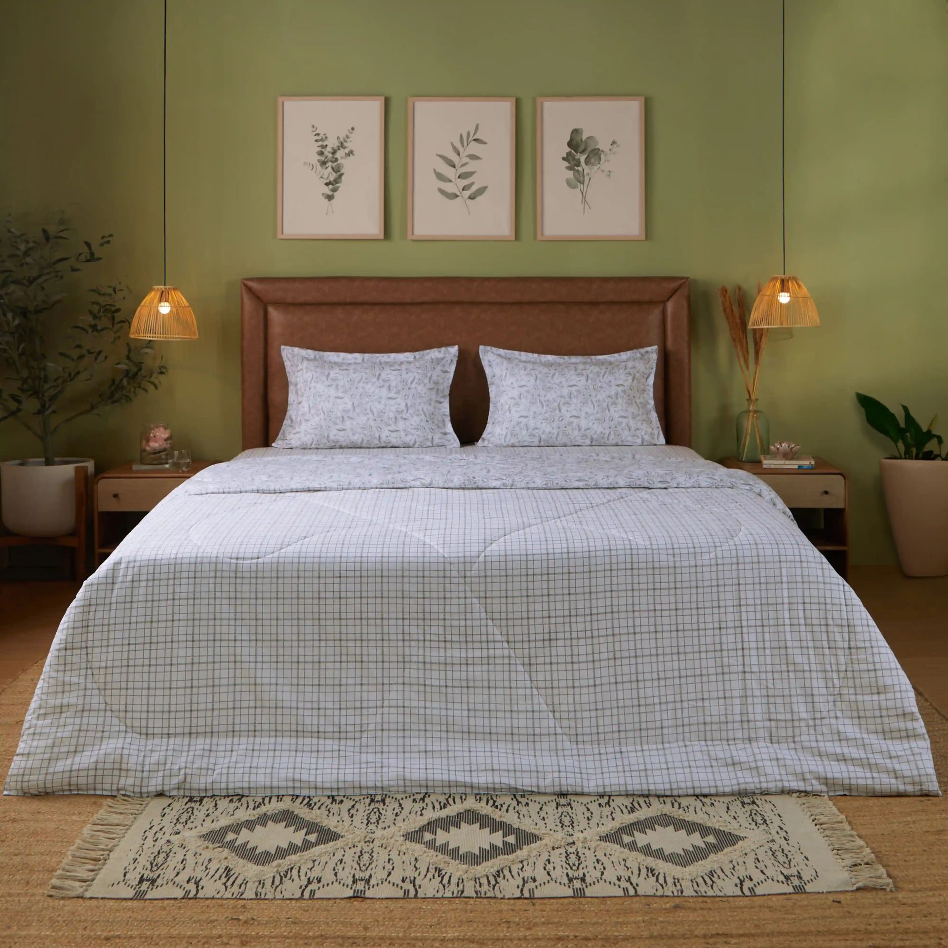 Floral Geometric 144 TC Cotton Charcoal Checks Double Bedding Set | Mishella