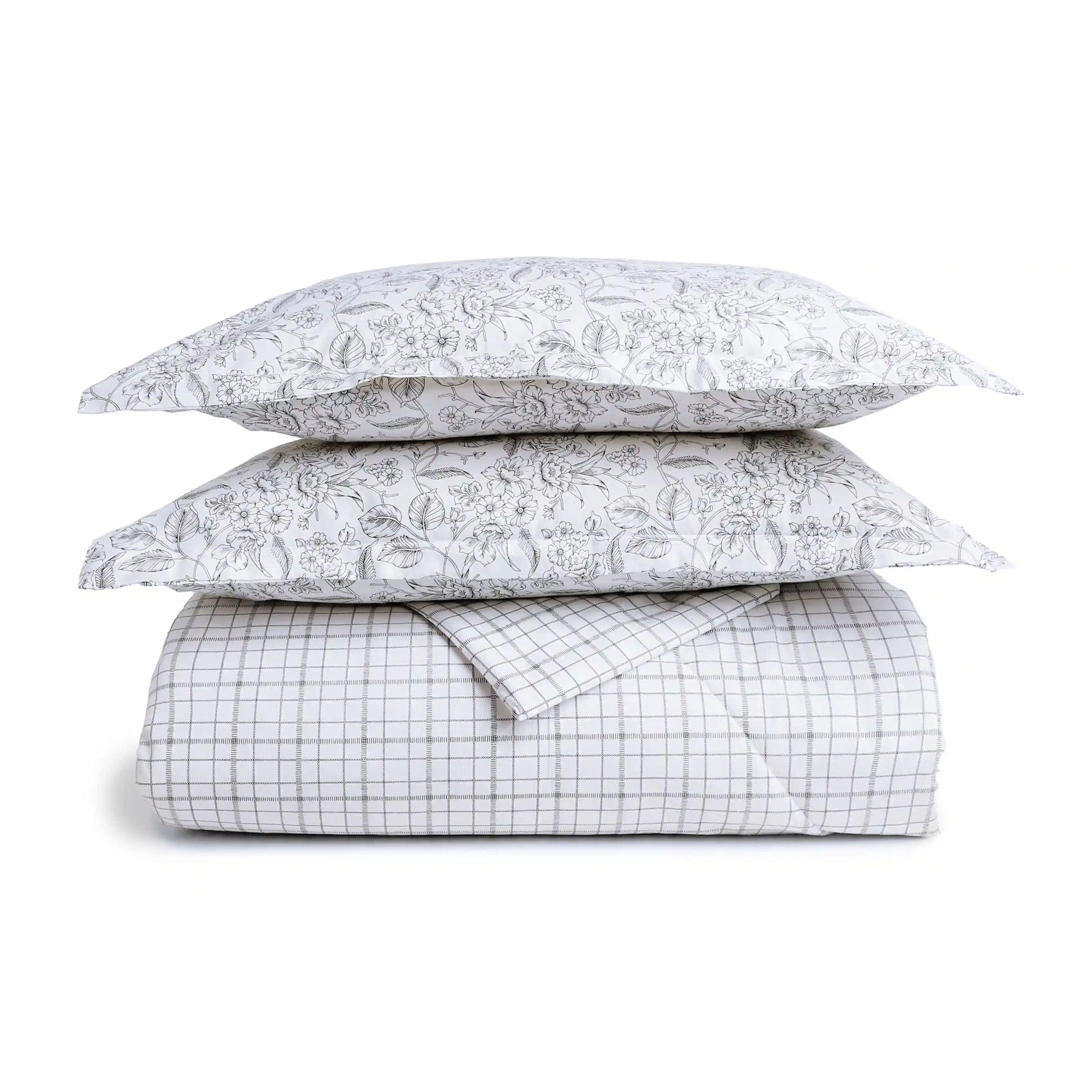 Floral Geometric 144 TC Cotton Charcoal Checks Double Bedding Set | Mishella