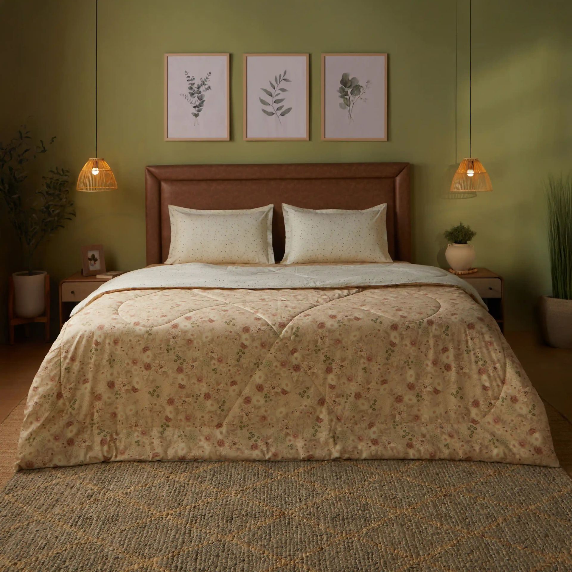 Floral Geometric 144 TC Cotton Beige Double Bedding Set | Mishella