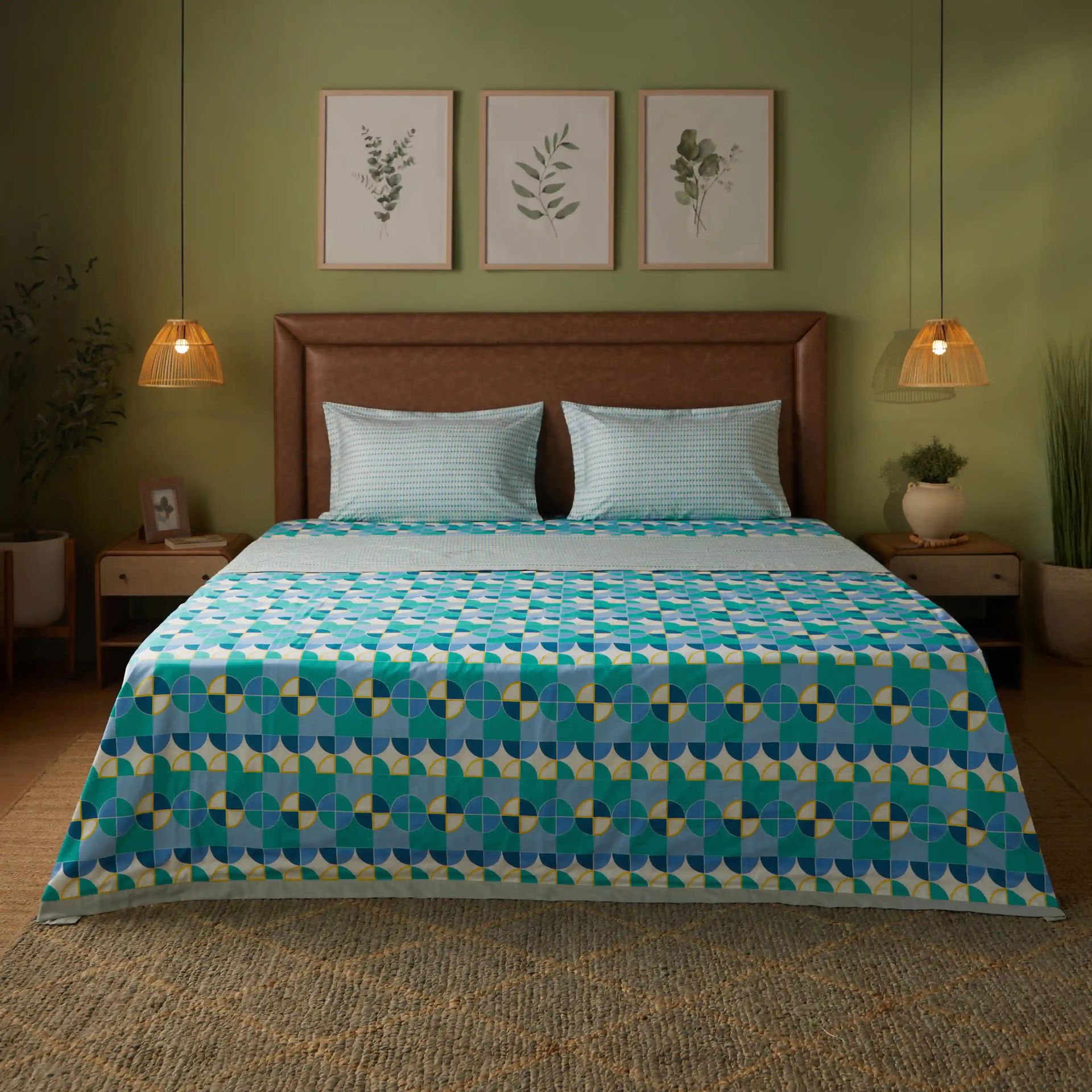 Geometric 144 TC Cotton Orbit Teal Double Bedding Set | Mishella
