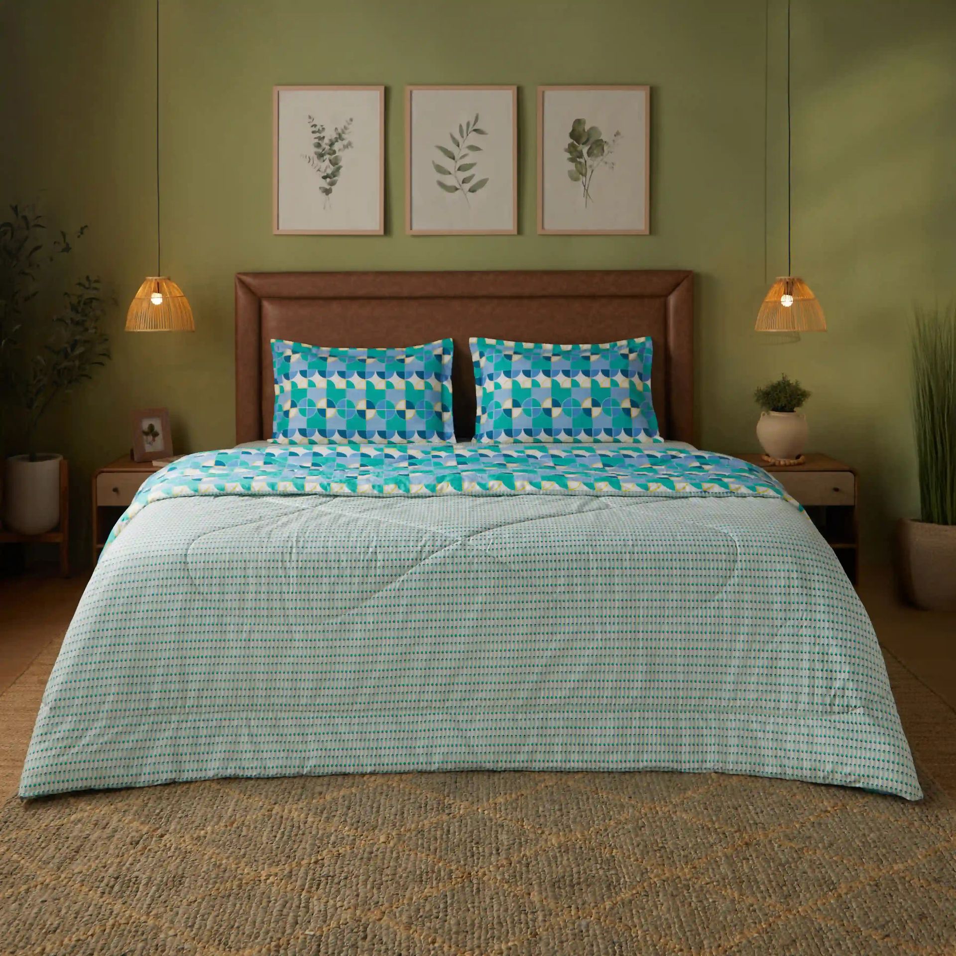 Geometric 144 TC Cotton Kaleido Teal Double Bedding Set | Mishella