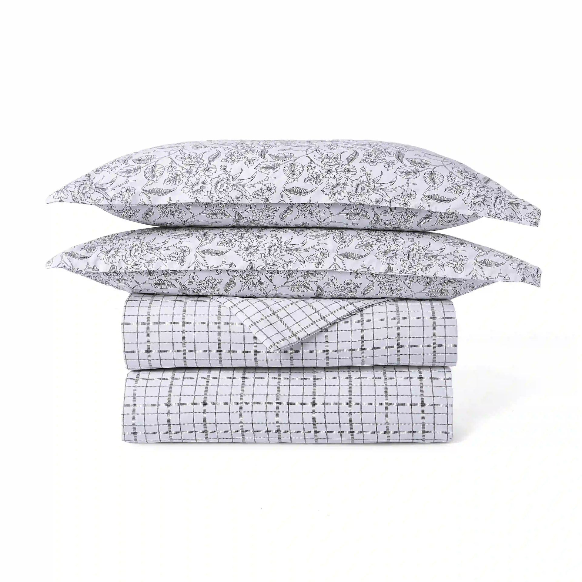 Floral Geometric 144 TC Cotton Charcoal Checks Double Bedding Set | Mishella