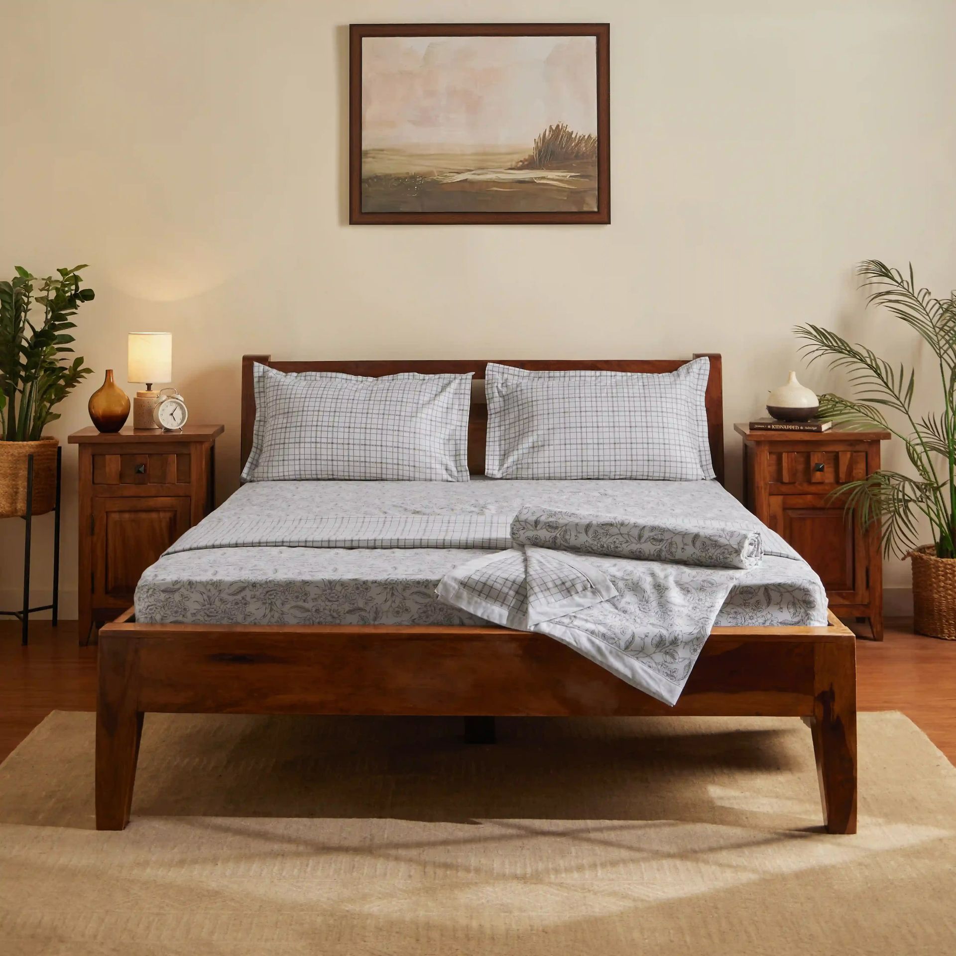 Floral Geometric 144 TC Cotton Charcoal Bloom Double Bedding Set | Mishella
