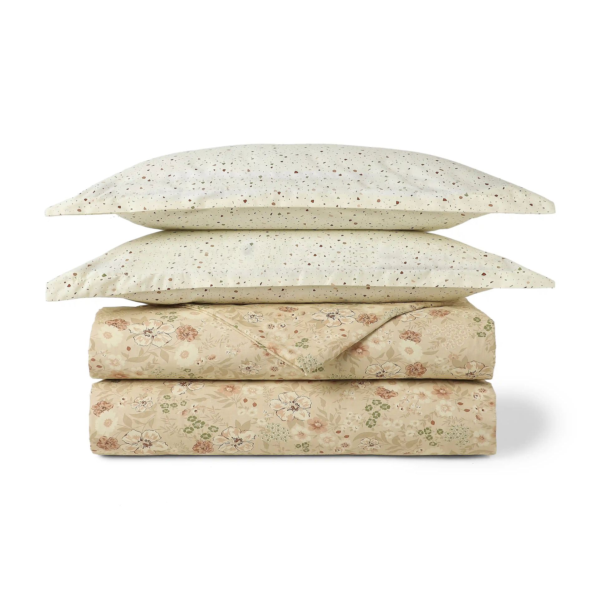 Floral Geometric 144 TC Cotton Beige Double Bedding Set | Mishella