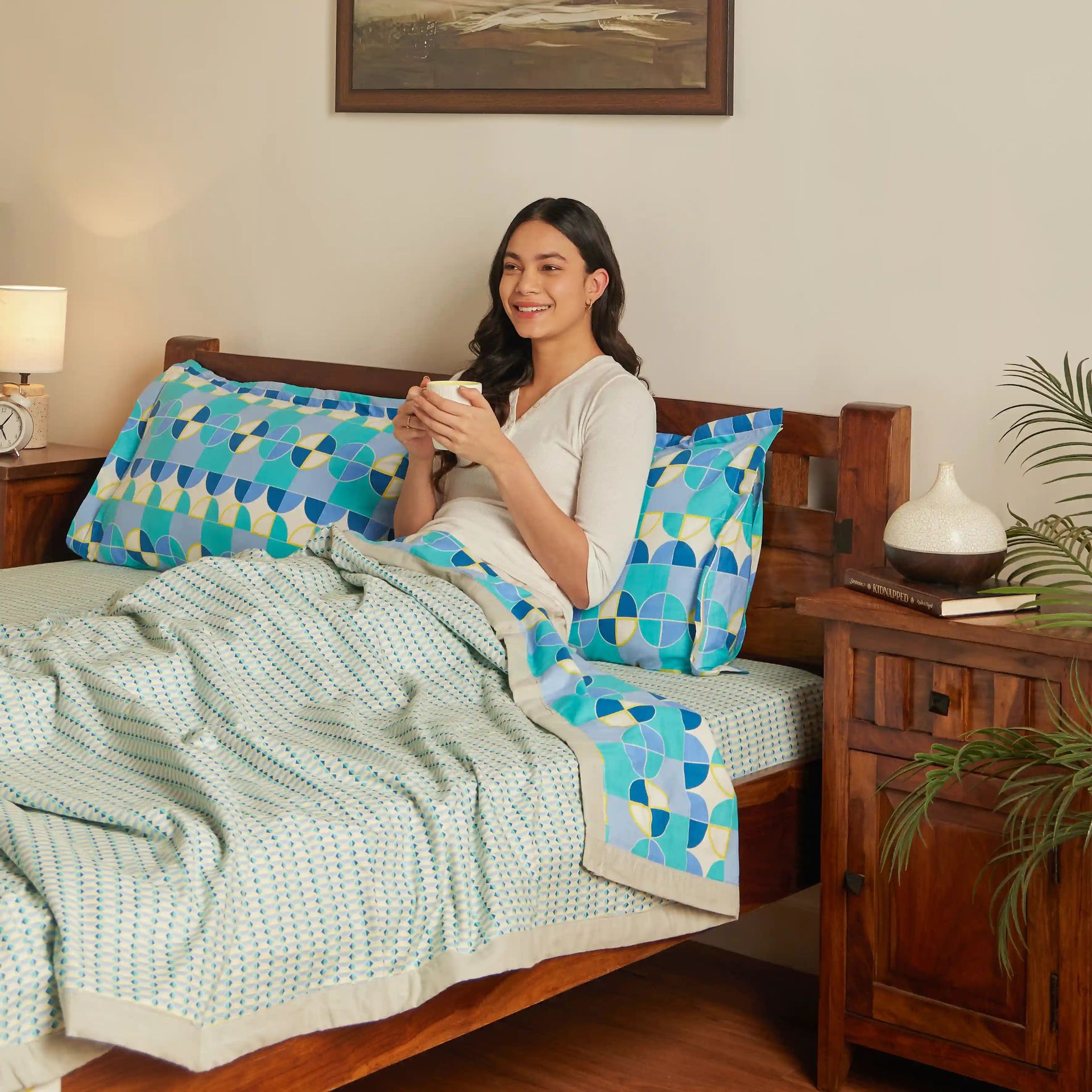 Geometric 144 TC Cotton Kaleido Teal Double Bedding Set | Mishella