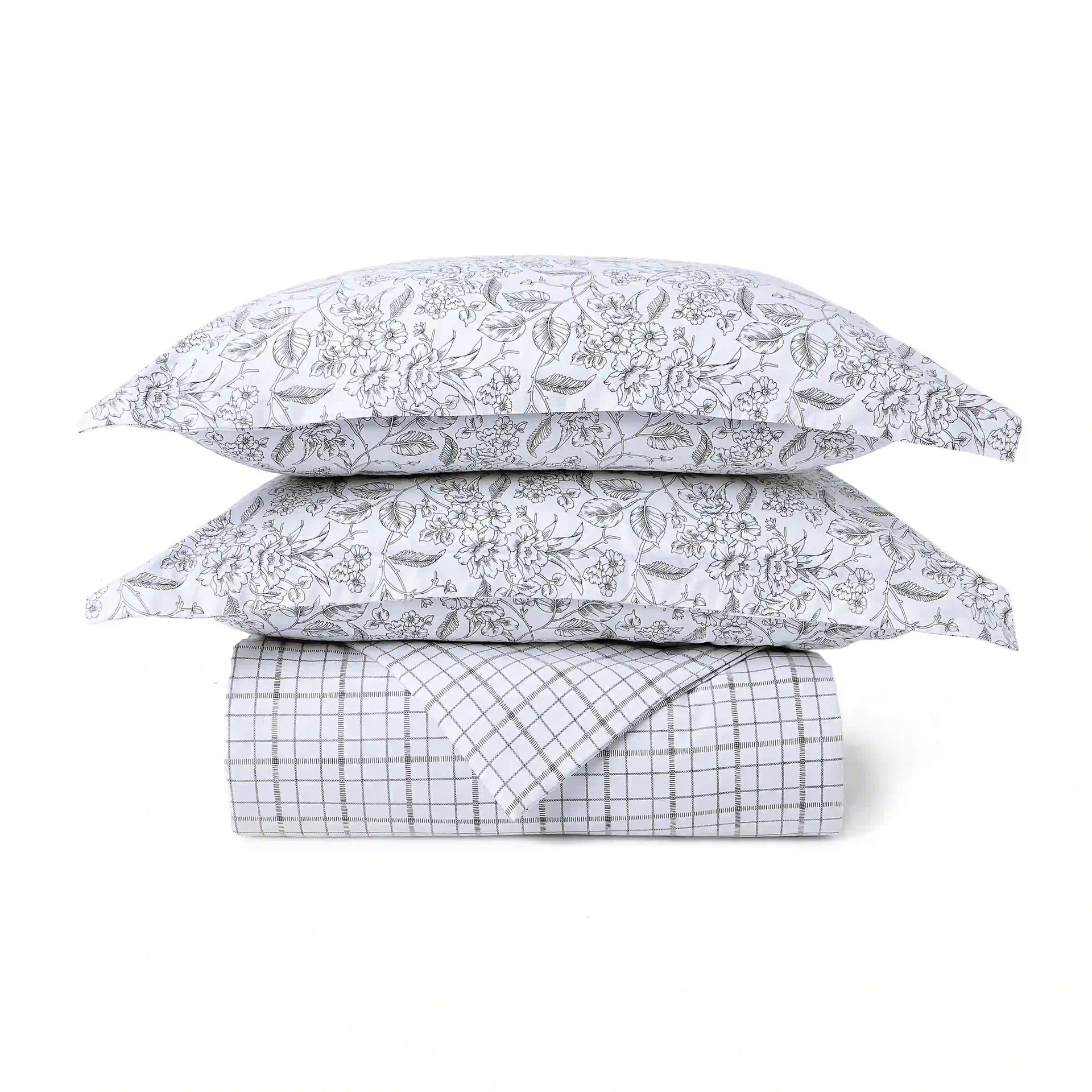 Floral Geometric 144 TC 100% Cotton Charcoal Checks Double Bedding Set | Mishella