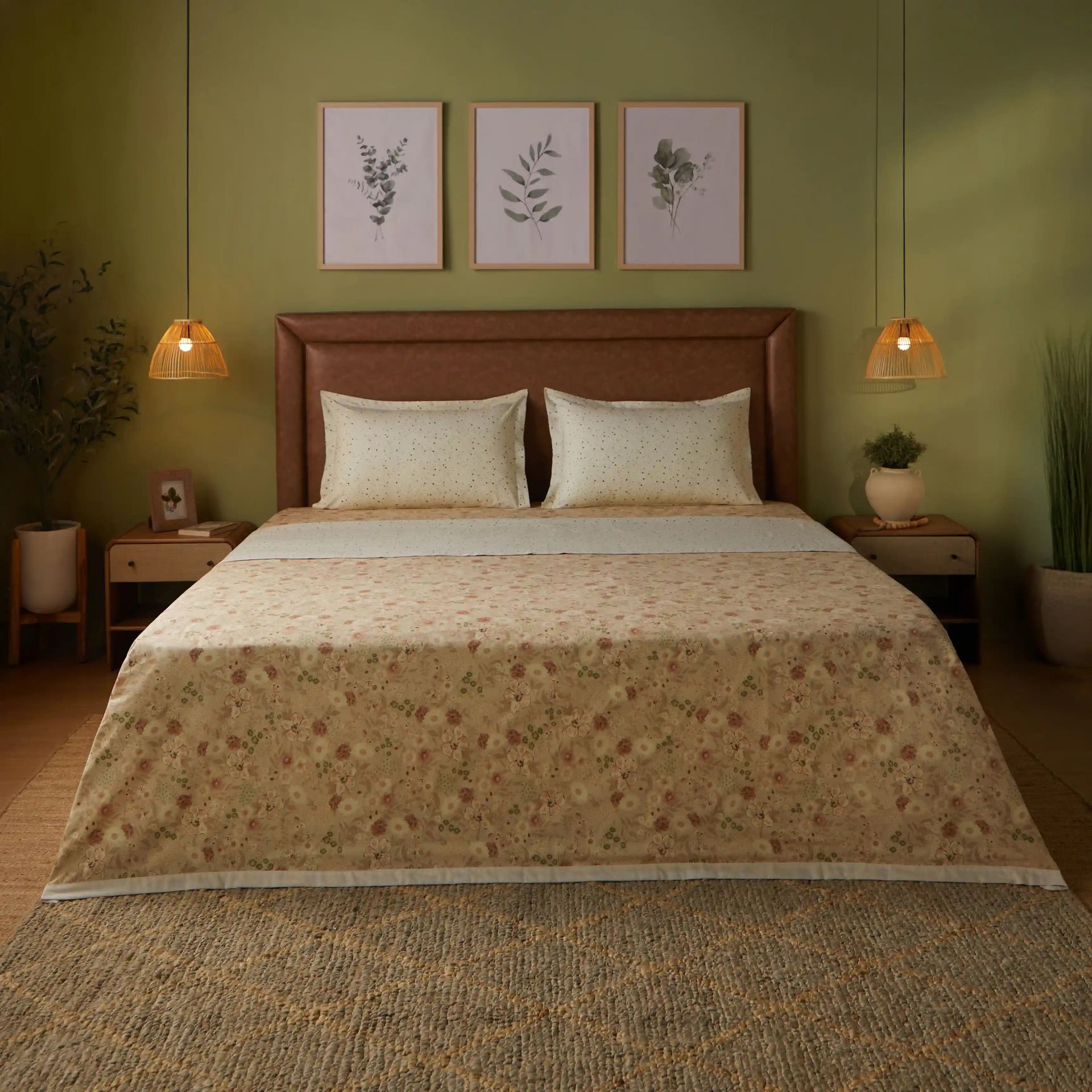 Floral Geometric 144 TC 100% Cotton Beige Double Bedding Set | Mishella