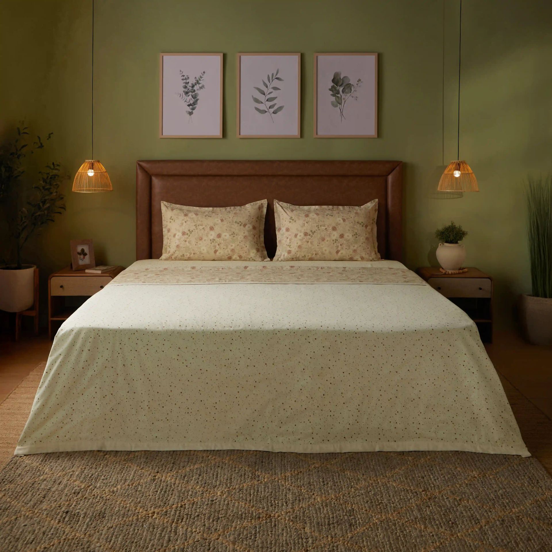 Floral Geometric 144 TC 100% Cotton Cream Double Bedding Set | Mishella