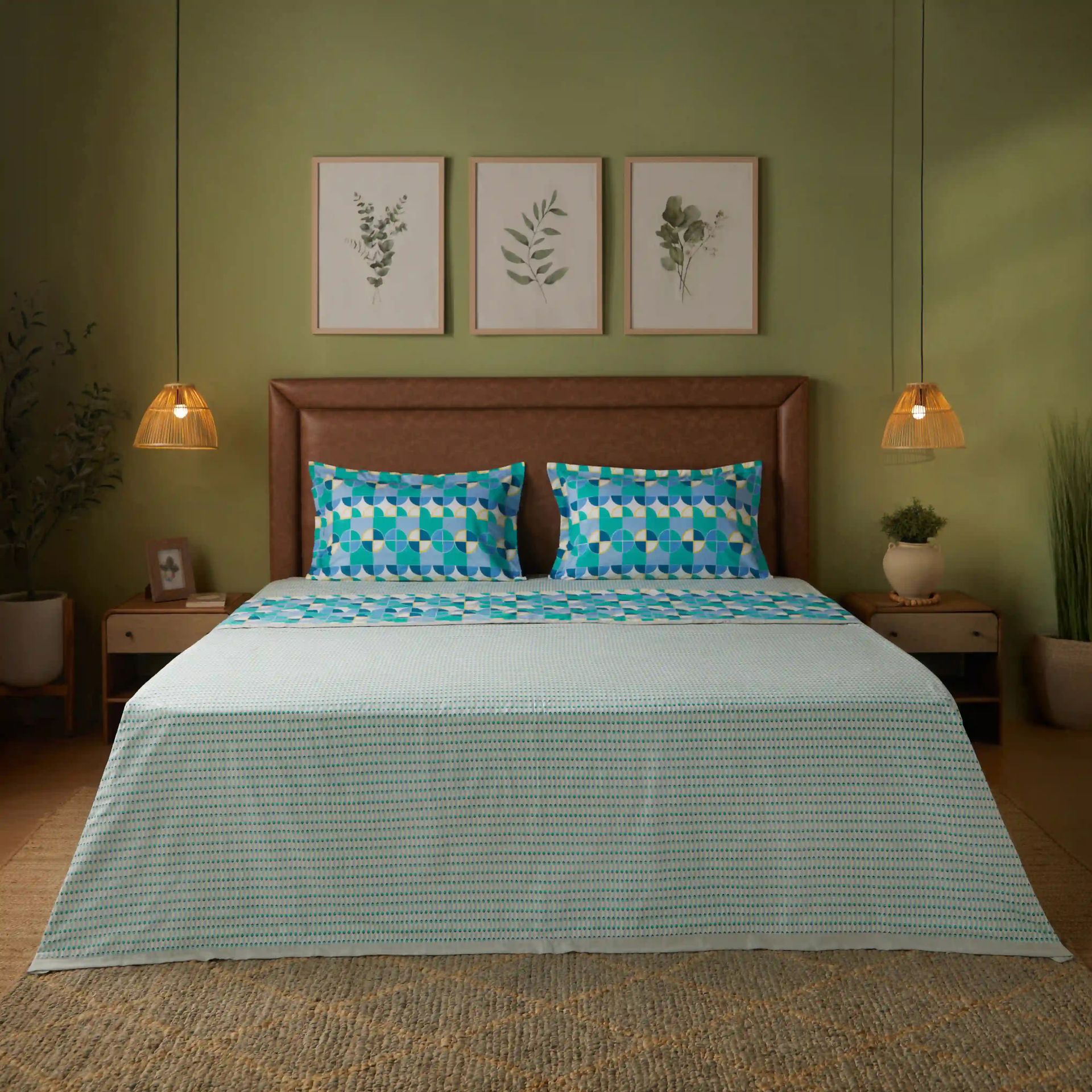 Geometric 144 TC 100% Cotton Kaleido Teal Double Bedding Set | Mishella