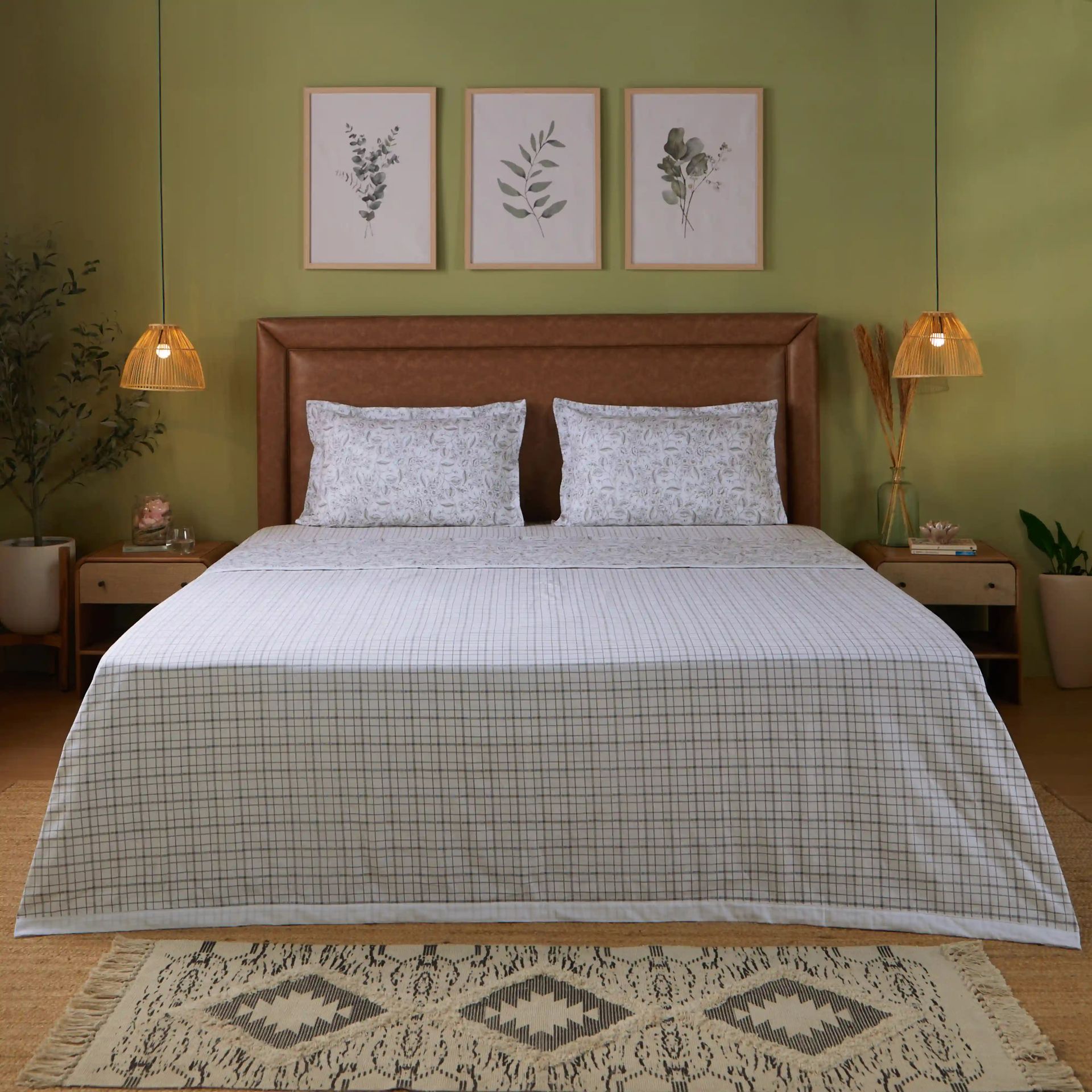 Floral Geometric 144 TC  100% Cotton Charcoal Checks Double Dohar | Mishella
