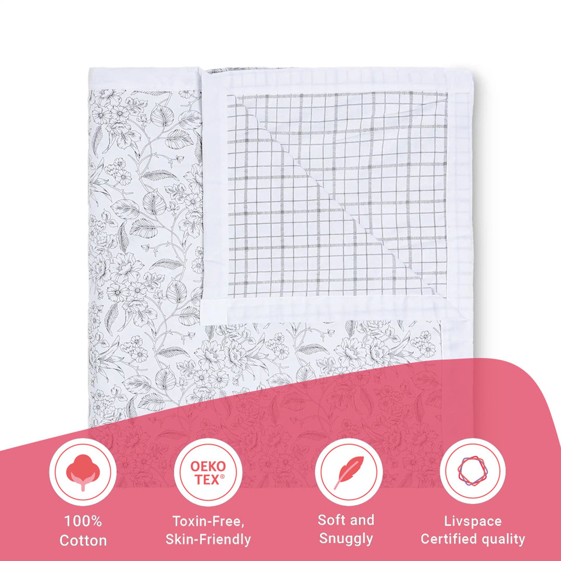 Floral Geometric 144 TC  100% Cotton Charcoal Checks Double Dohar | Mishella