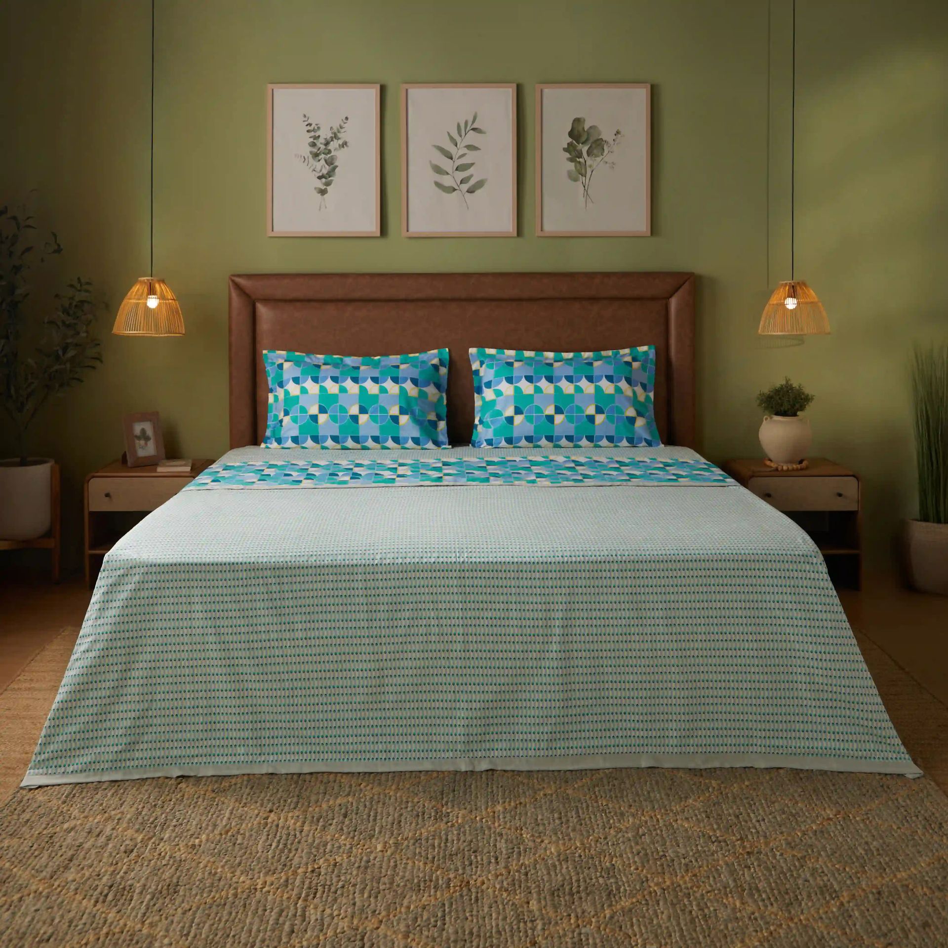 Geometric 144 TC 100% Cotton Kaleido Teal Double Dohar | Mishella