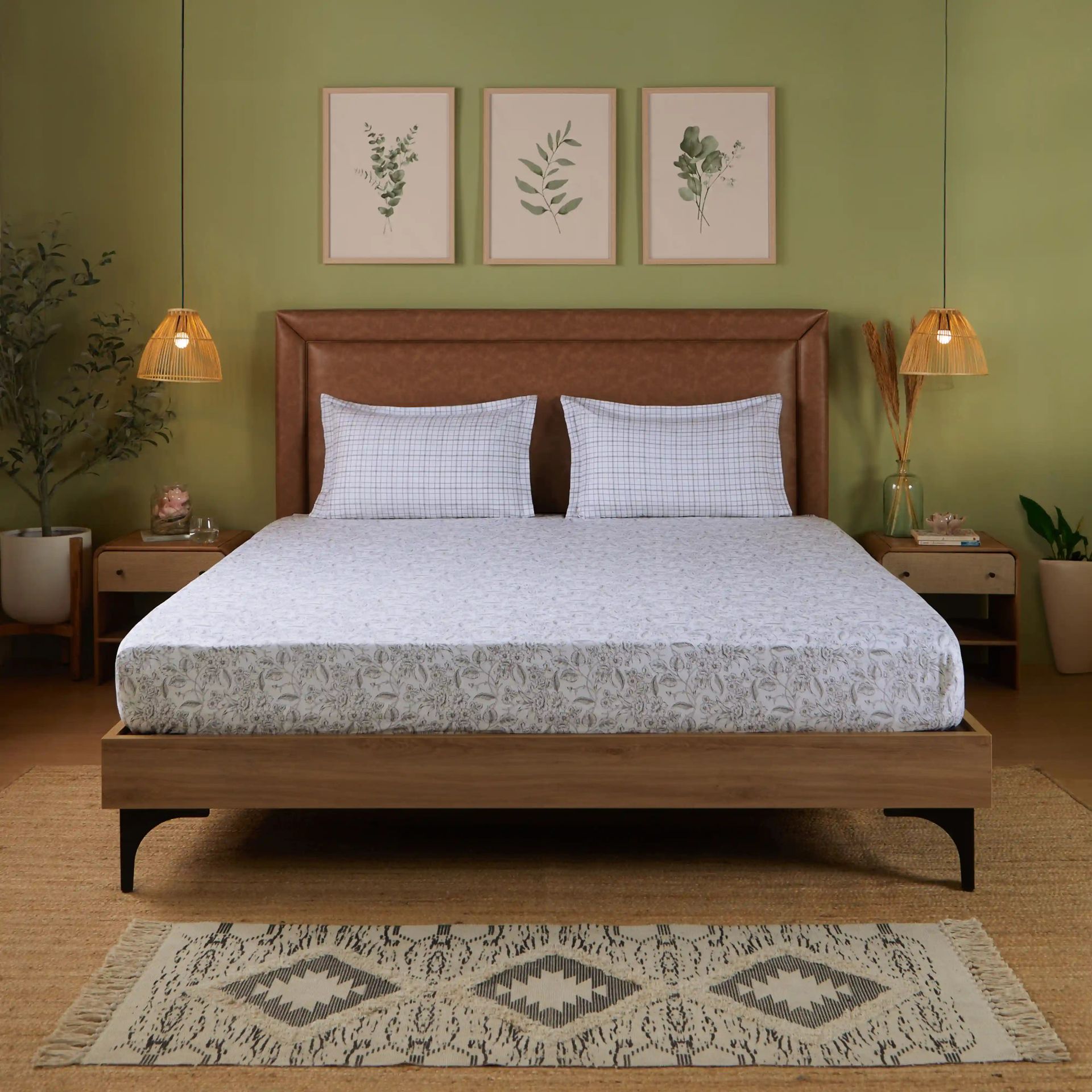Floral Geometric 144 TC 100% Cotton Charcoal Bloom Queen Fitted Sheet Set | Mishella