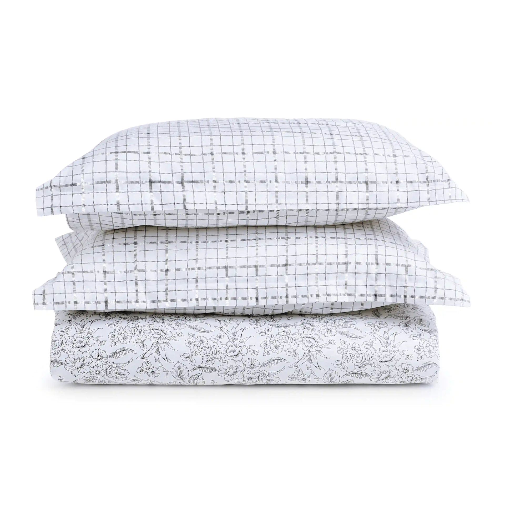 Floral Geometric 144 TC 100% Cotton Charcoal Bloom Queen Fitted Sheet Set | Mishella