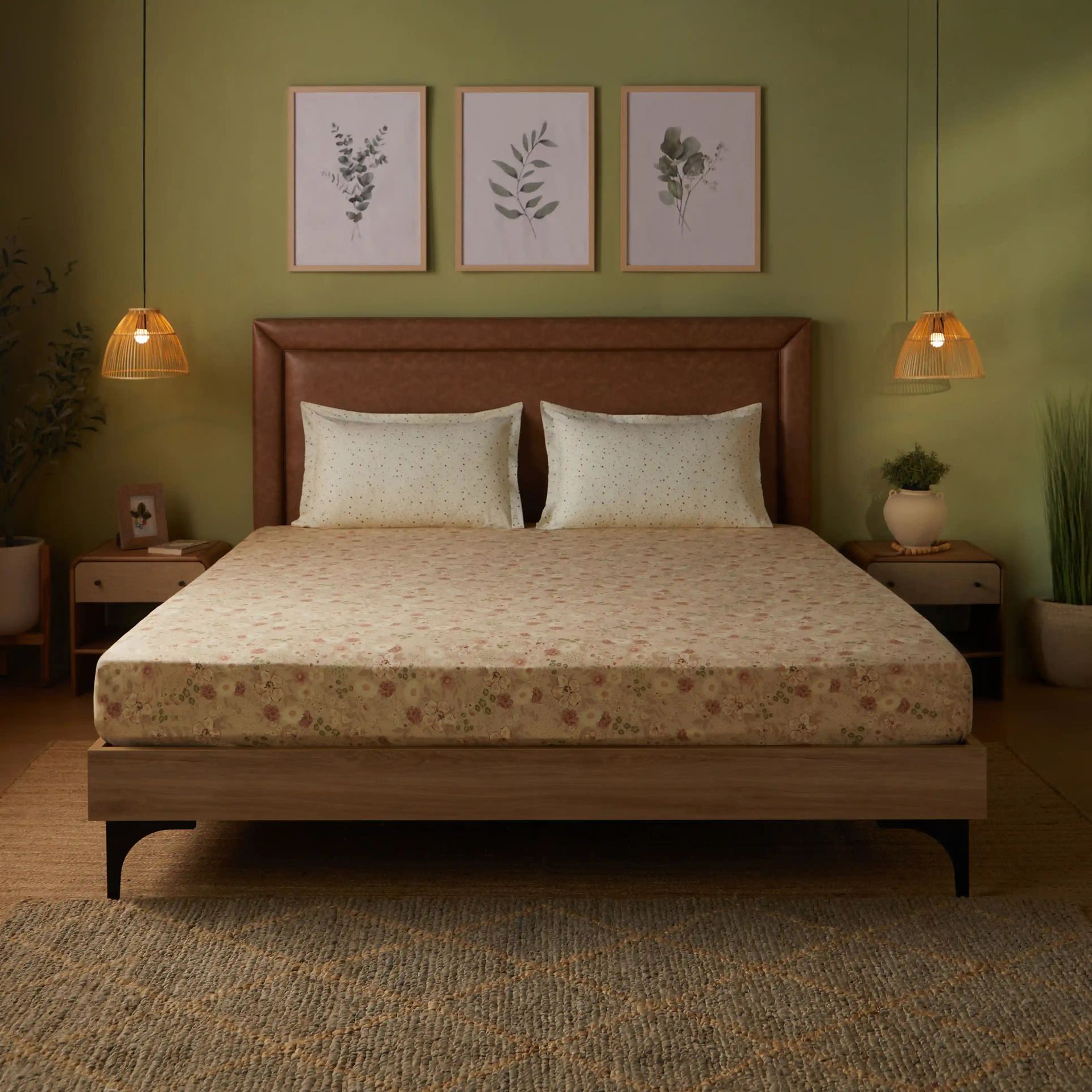 Floral Geometric 144 TC 100% Cotton Beige Queen Fitted Sheet Set | Mishella
