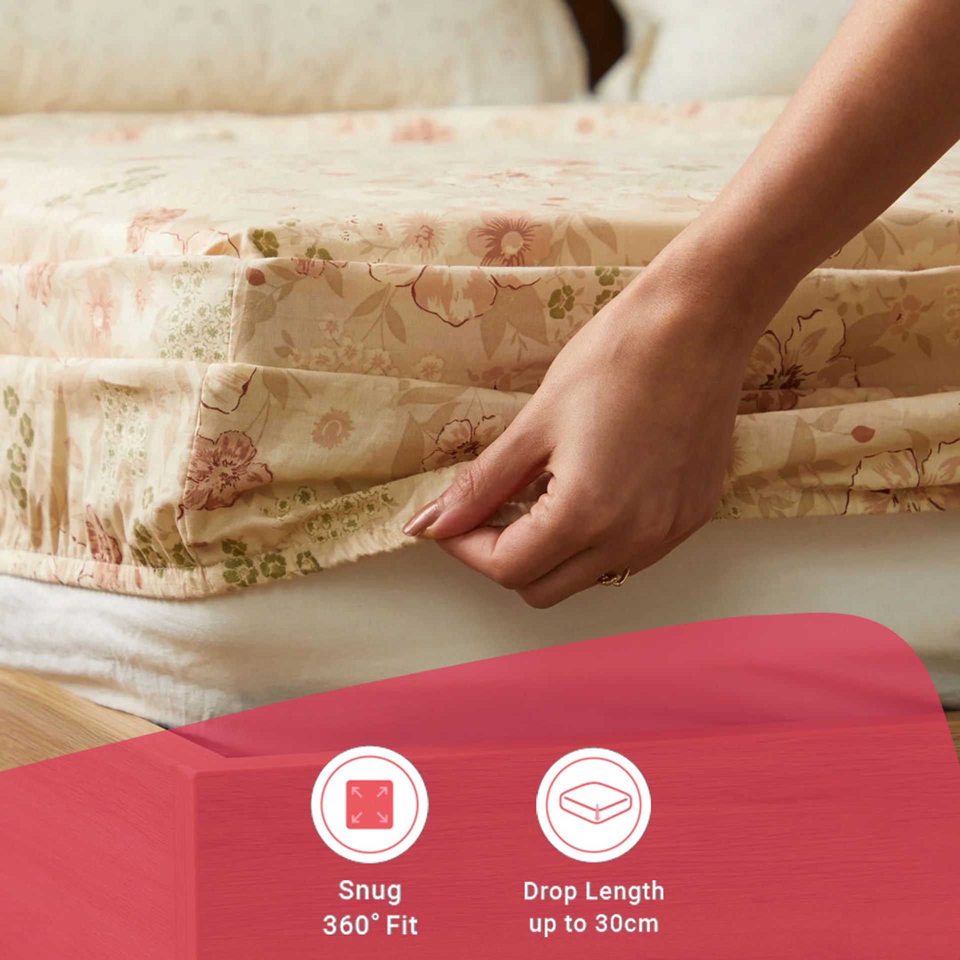 Floral Geometric 144 TC 100% Cotton Beige Queen Fitted Sheet Set | Mishella