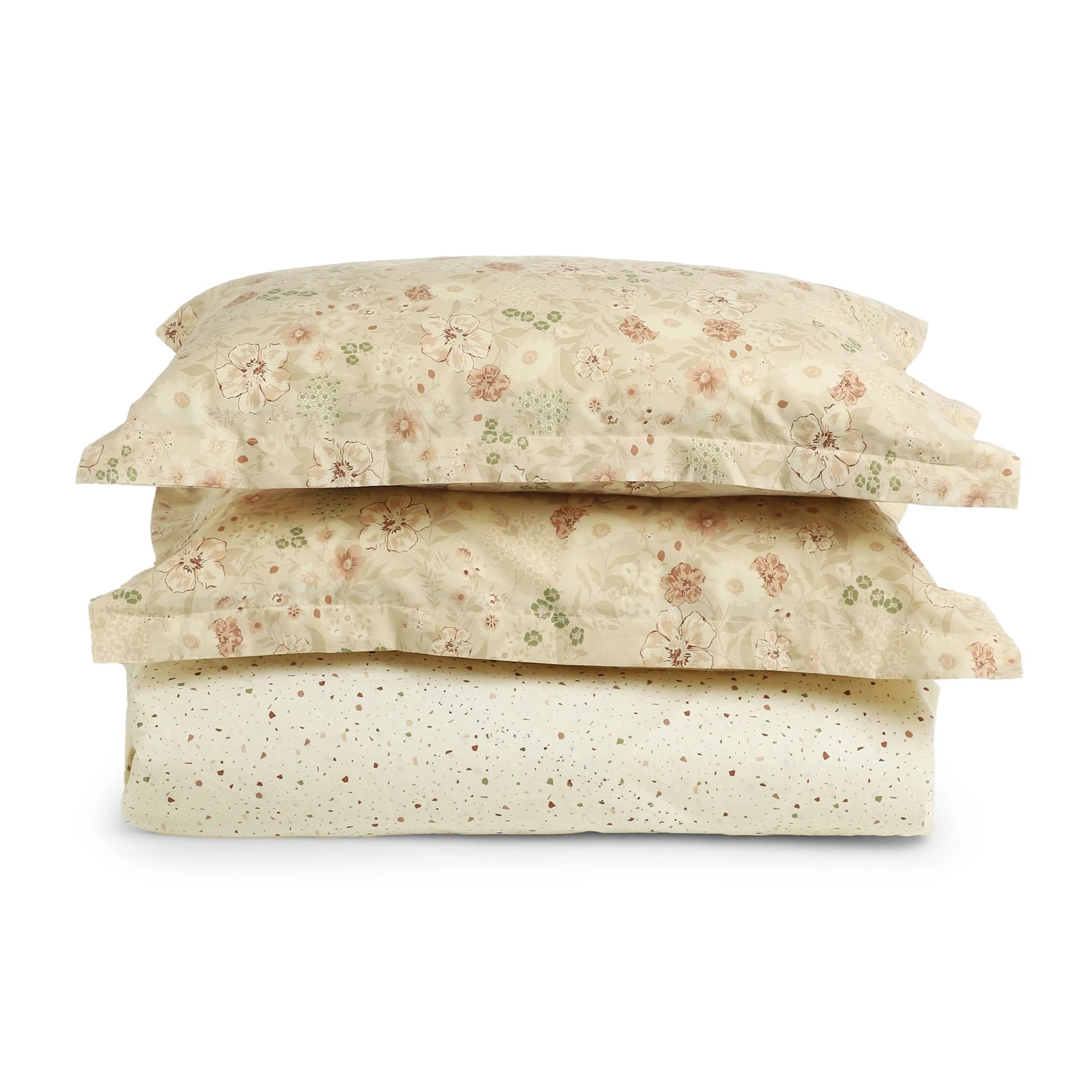 Floral Geometric 144 TC 100% Cotton Cream Bloom Queen Fitted Sheet Set | Mishella