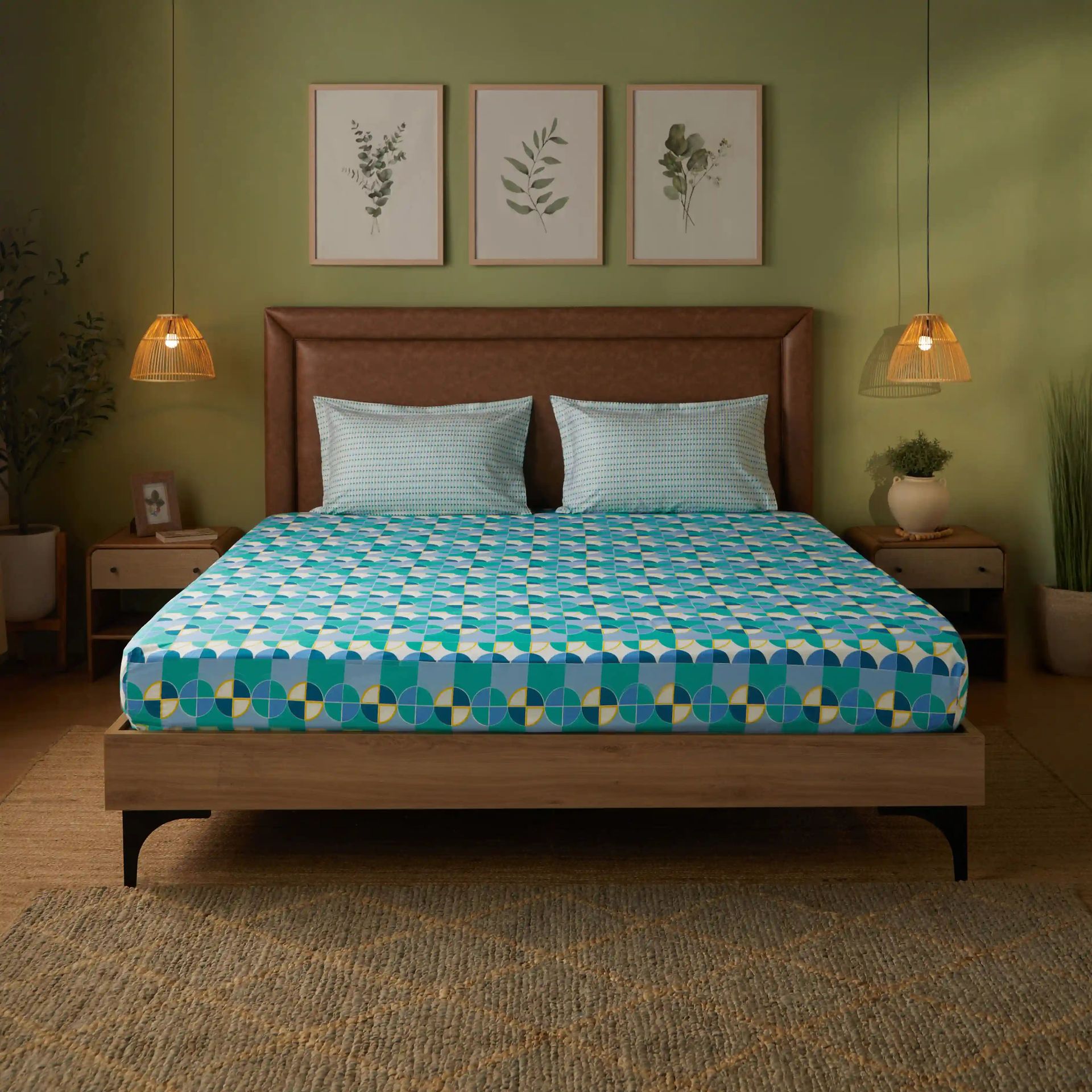 Geometric 144 TC 100% Cotton Orbit Teal Queen Fitted Sheet Set | Mishella