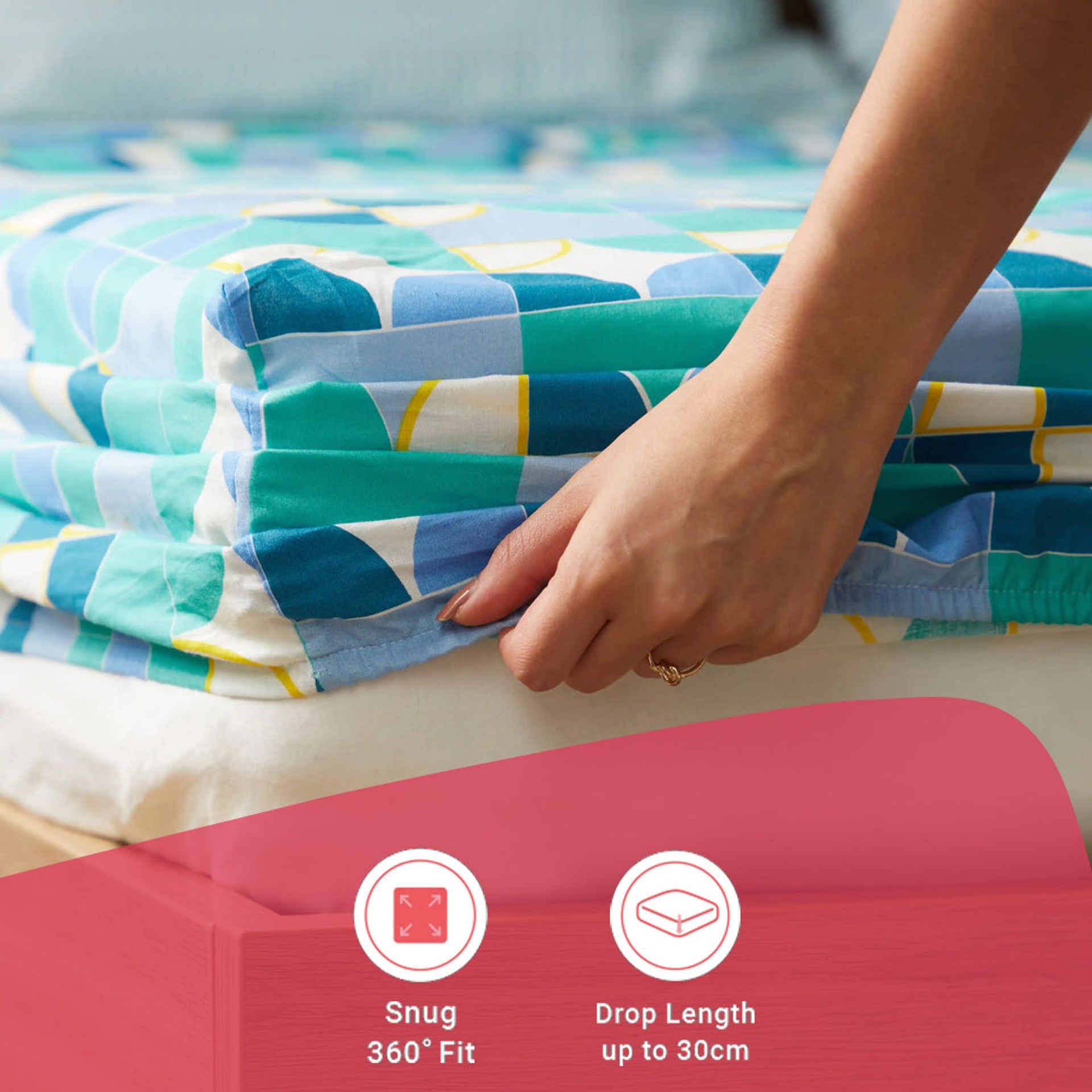 Geometric 144 TC 100% Cotton Orbit Teal Queen Fitted Sheet Set | Mishella