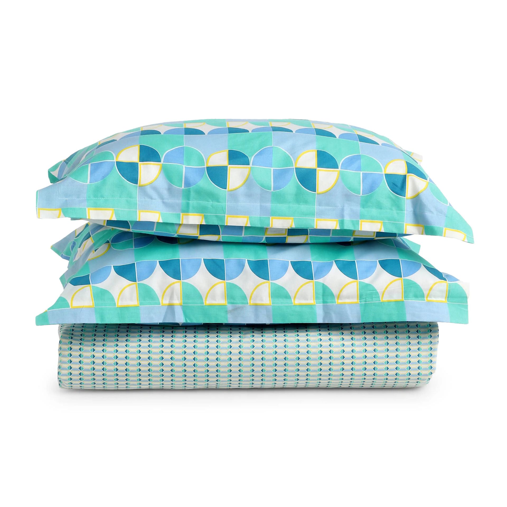 Geometric 144 TC 100% Cotton Kaleido Teal Queen Fitted Sheet Set | Mishella