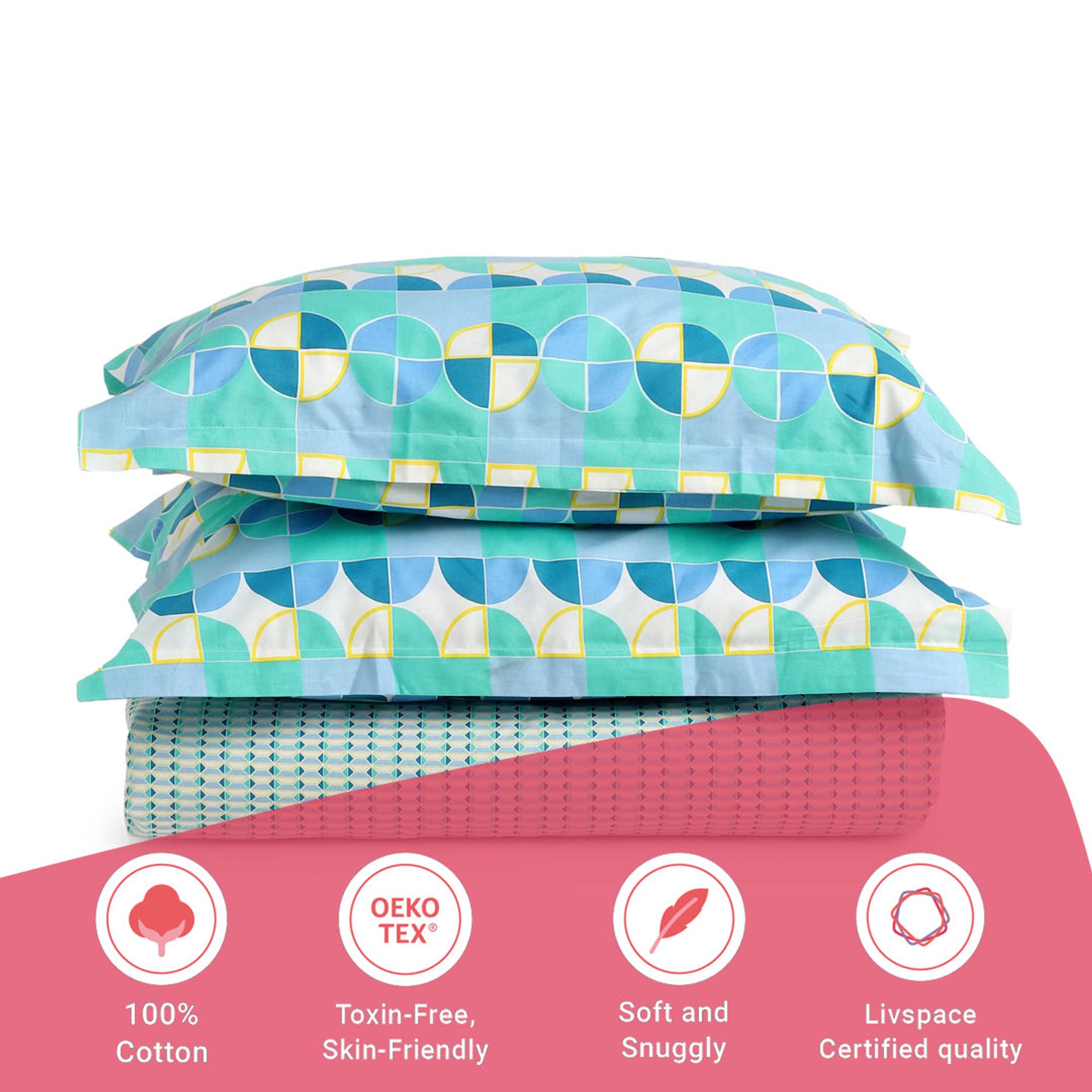Geometric 144 TC 100% Cotton Kaleido Teal Queen Fitted Sheet Set | Mishella