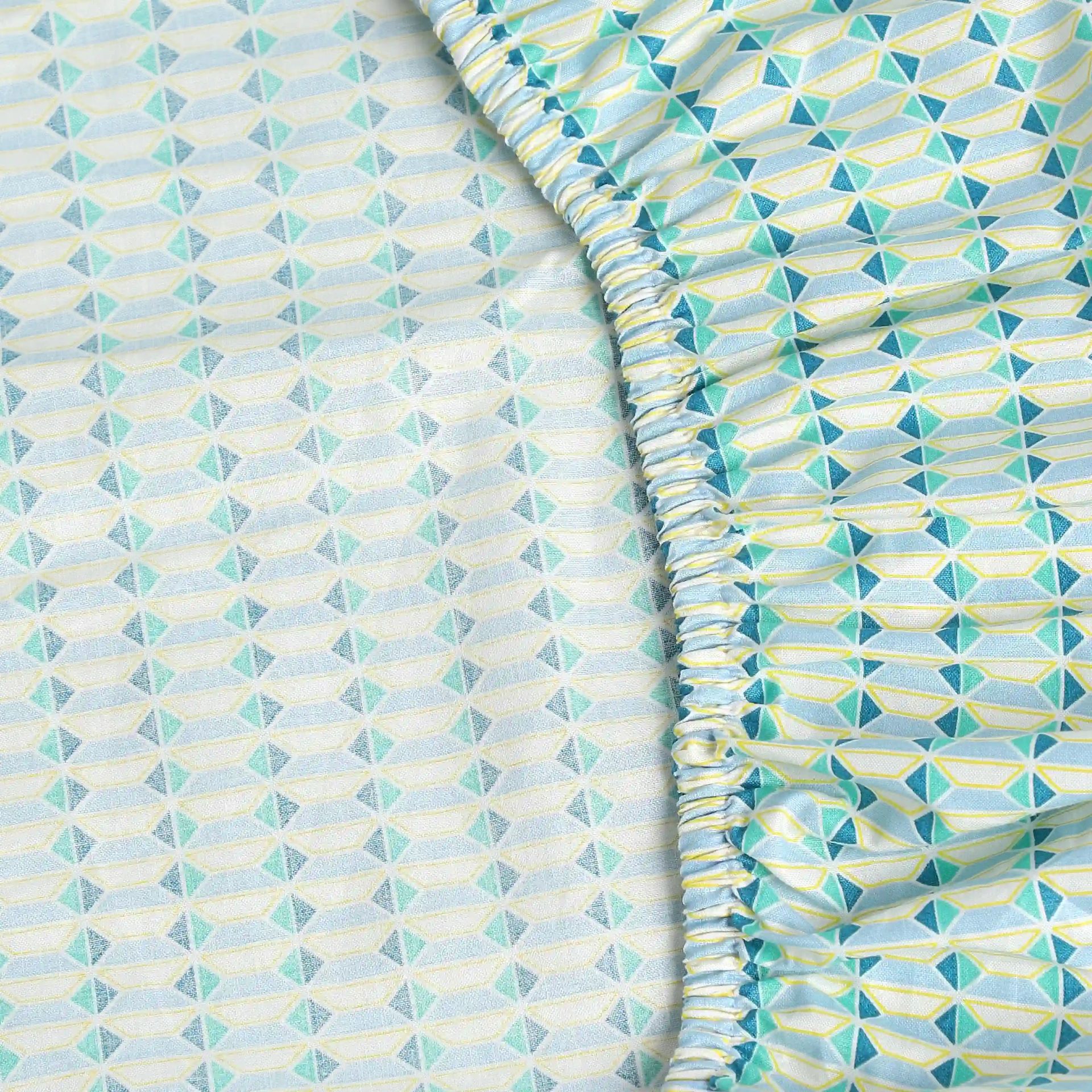 Geometric 144 TC 100% Cotton Kaleido Teal Queen Fitted Sheet Set | Mishella