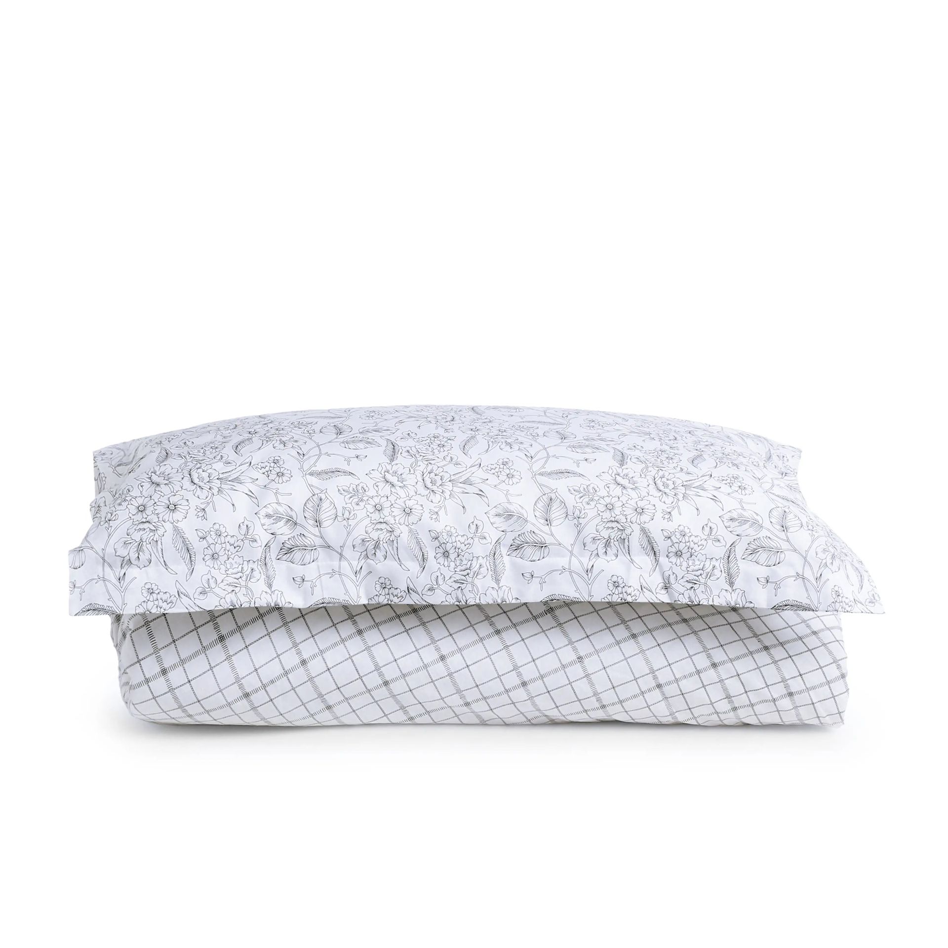 Floral Geometric 144 TC 100% Cotton Charcoal Checks Single Bedsheet Set | Mishella