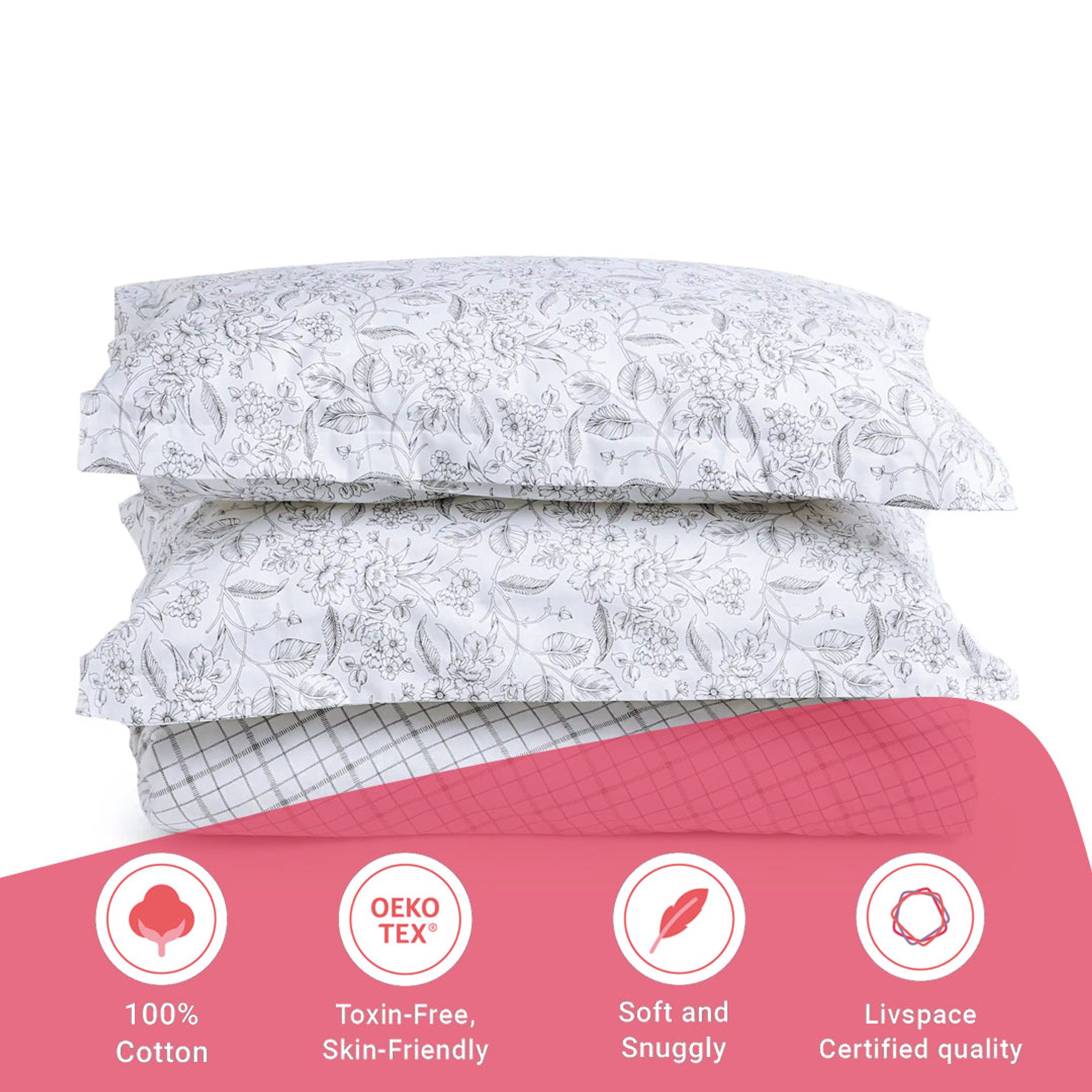 Floral Geometric 144 TC 100% Cotton Charcoal Checks Single Bedsheet Set | Mishella