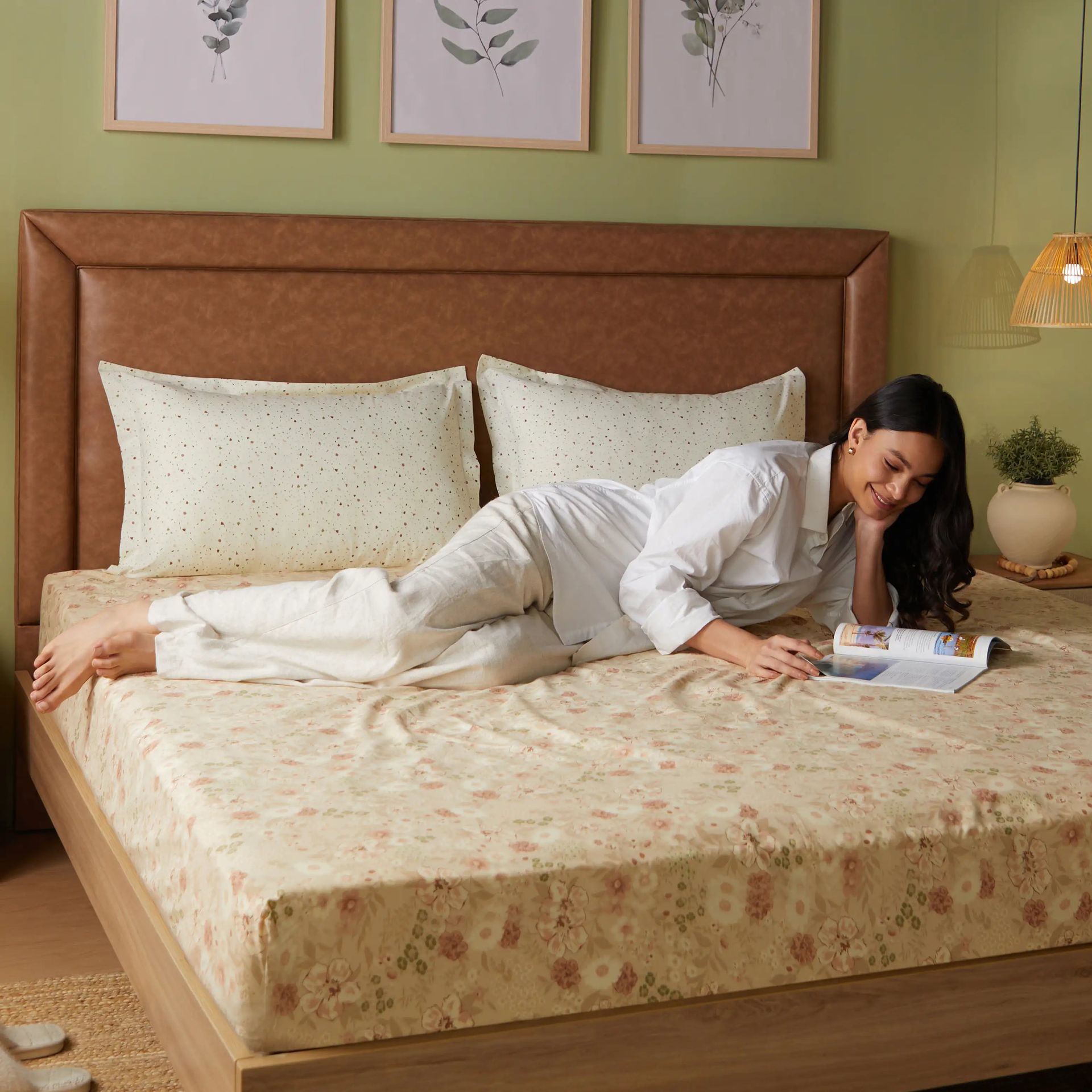 Floral Geometric 144 TC 100% Cotton Beige Single Bedsheet Set | Mishella