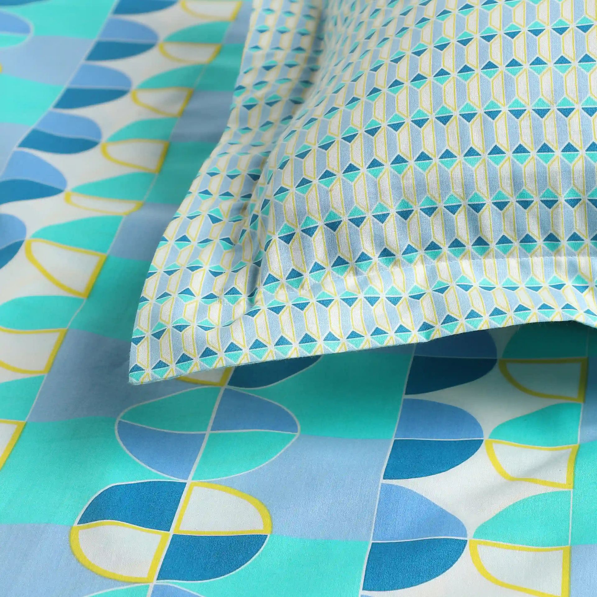 Geometric 144 TC 100% Cotton Orbit Teal Single Bedsheet Set | Mishella