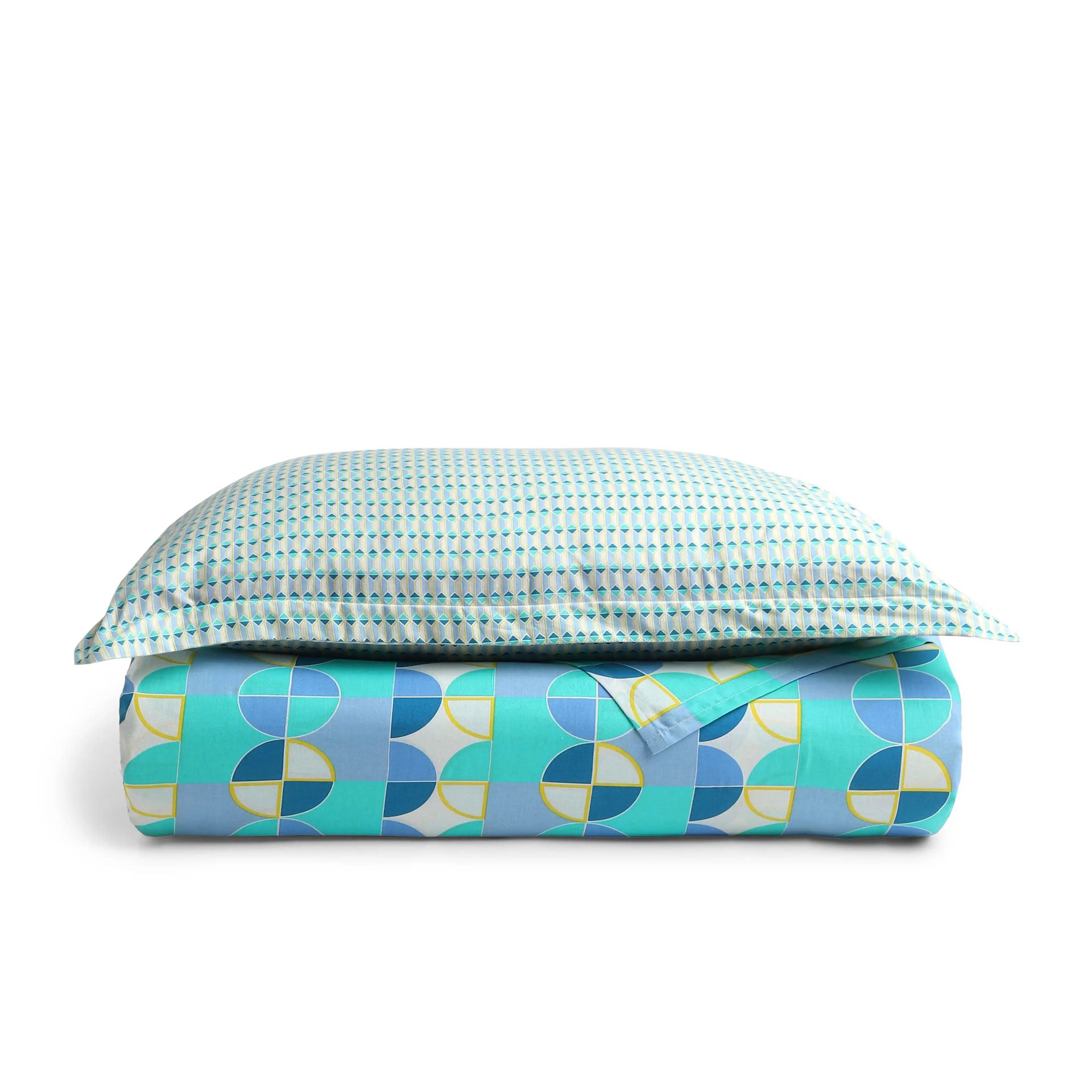 Geometric 144 TC 100% Cotton Orbit Teal Single Bedsheet Set | Mishella