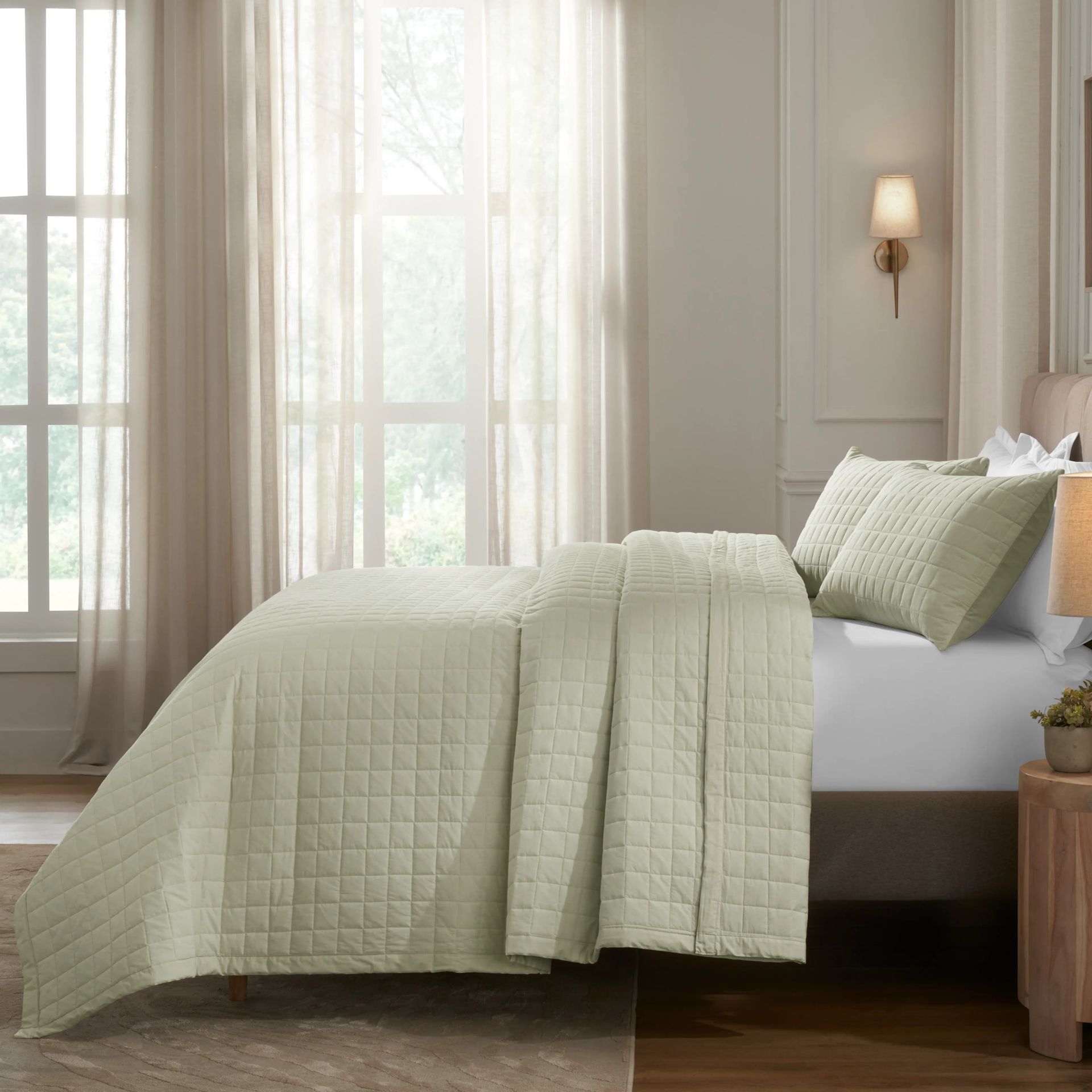 Box Quilted Solid 200 TC 100% Cotton Percale Linen King Bed Cover Set | Nuvola