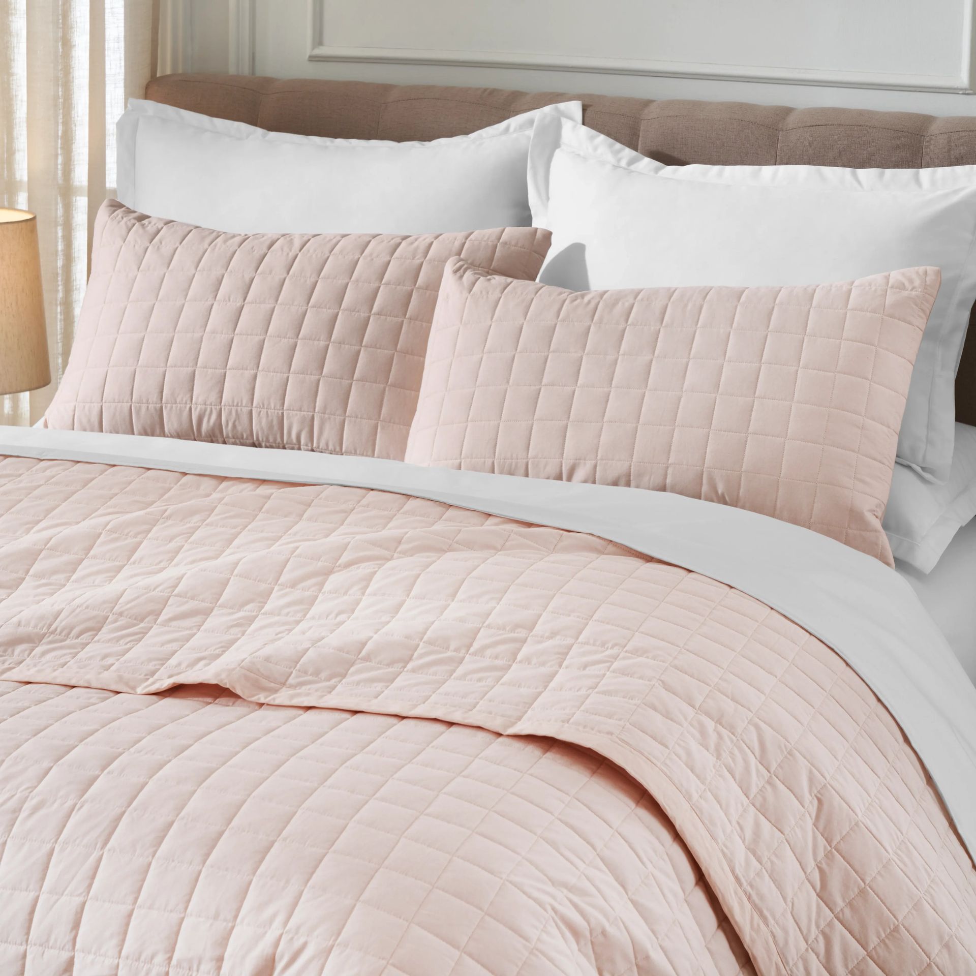 Box Quilted Solid 200 TC 100% Cotton Percale Sepia Rose King Bed Cover Set | Nuvola